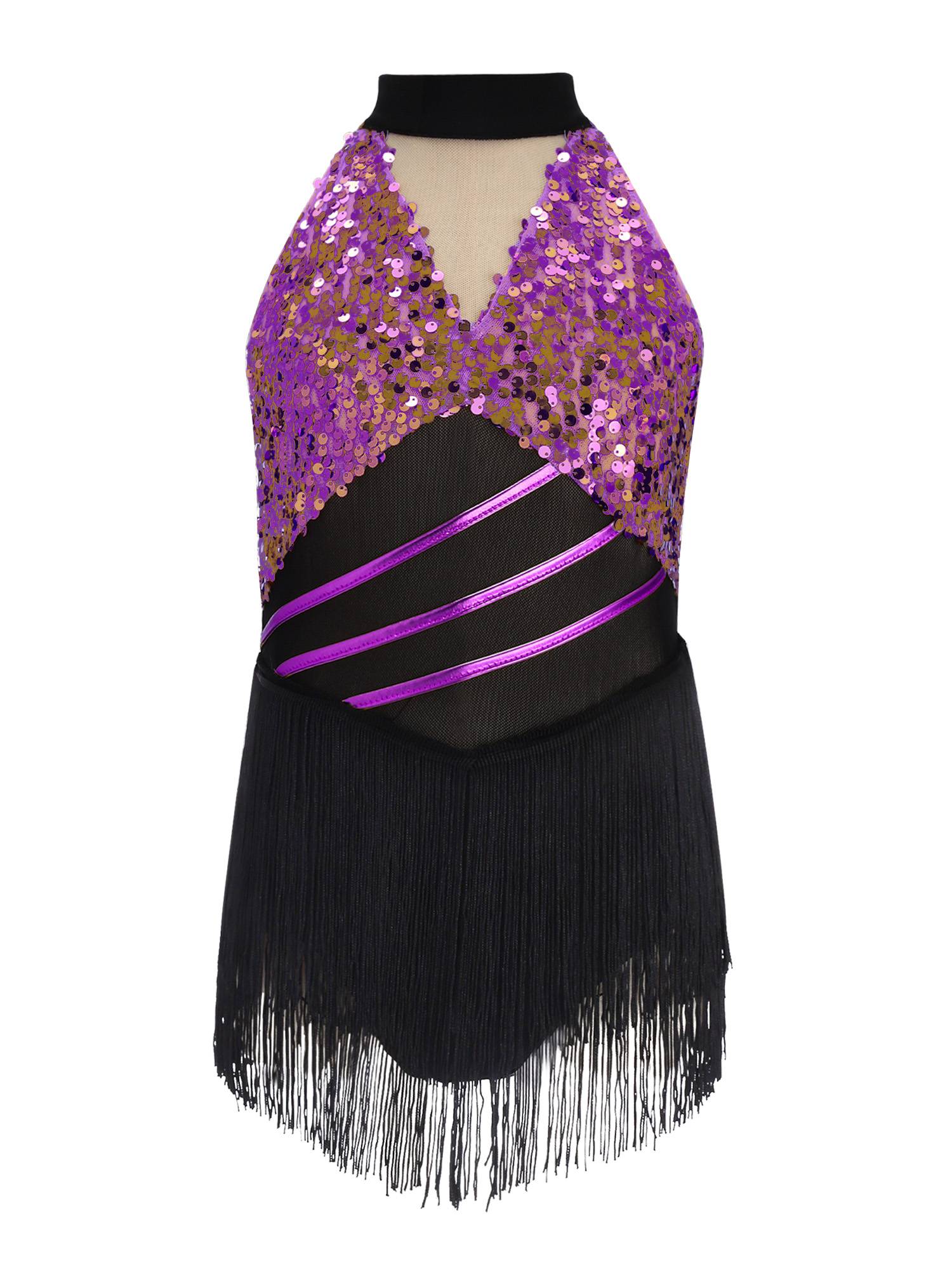 Girls Sequin Tassels Latin Dance Dress Cha-cha Sleeveless Salsa Dance Costume