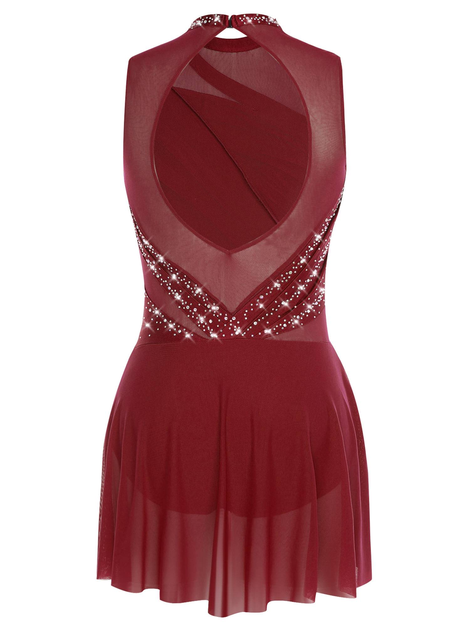 Women Sleeveless Figure Skating Dress Rhinestone Lyrical Dance Costume