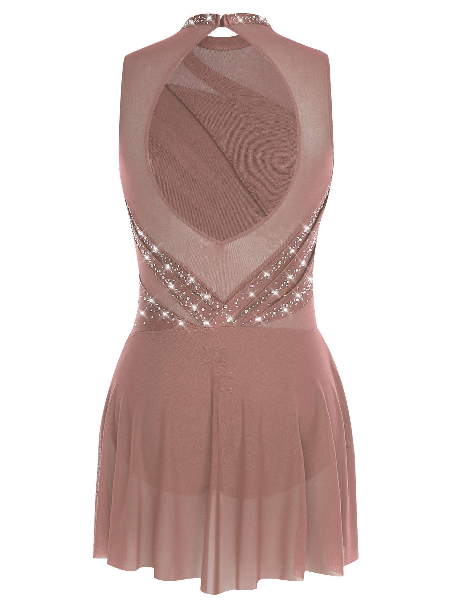 Women Sleeveless Figure Skating Dress Rhinestone Lyrical Dance Costume