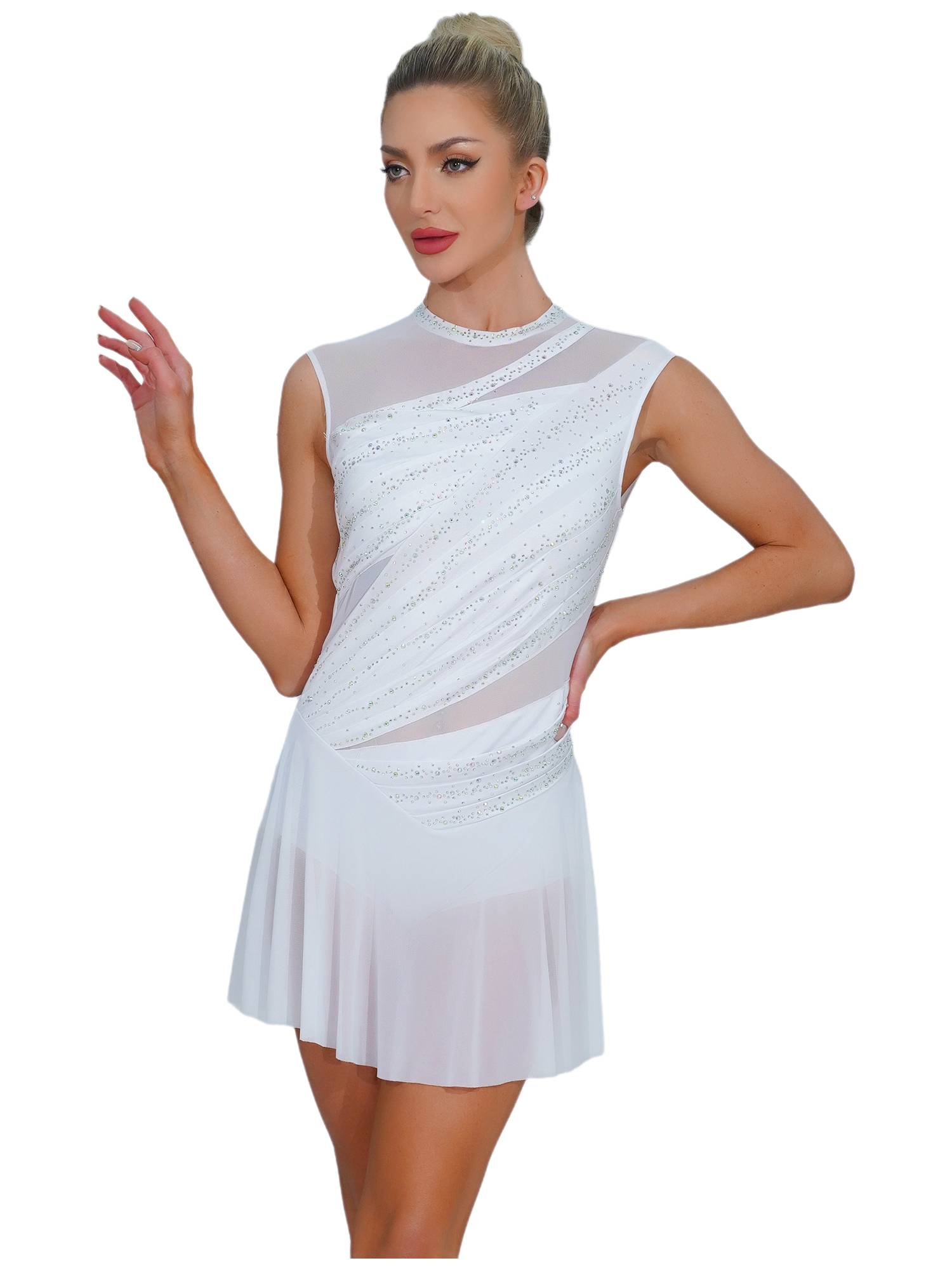 Women Sleeveless Figure Skating Dress Rhinestone Lyrical Dance Costume