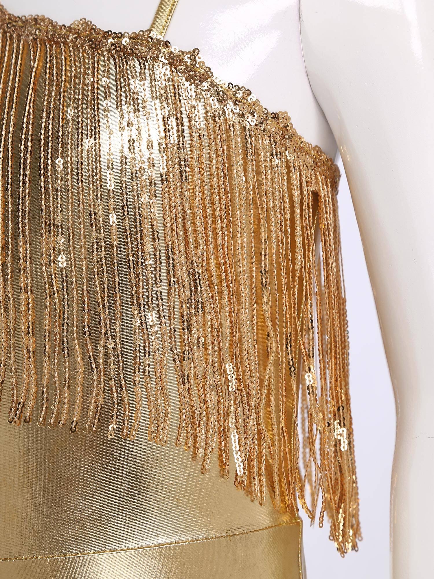 Girls Off-the-Shoulder Sequin Flared Jumpsuit Tassels High Waist Pageant Wear