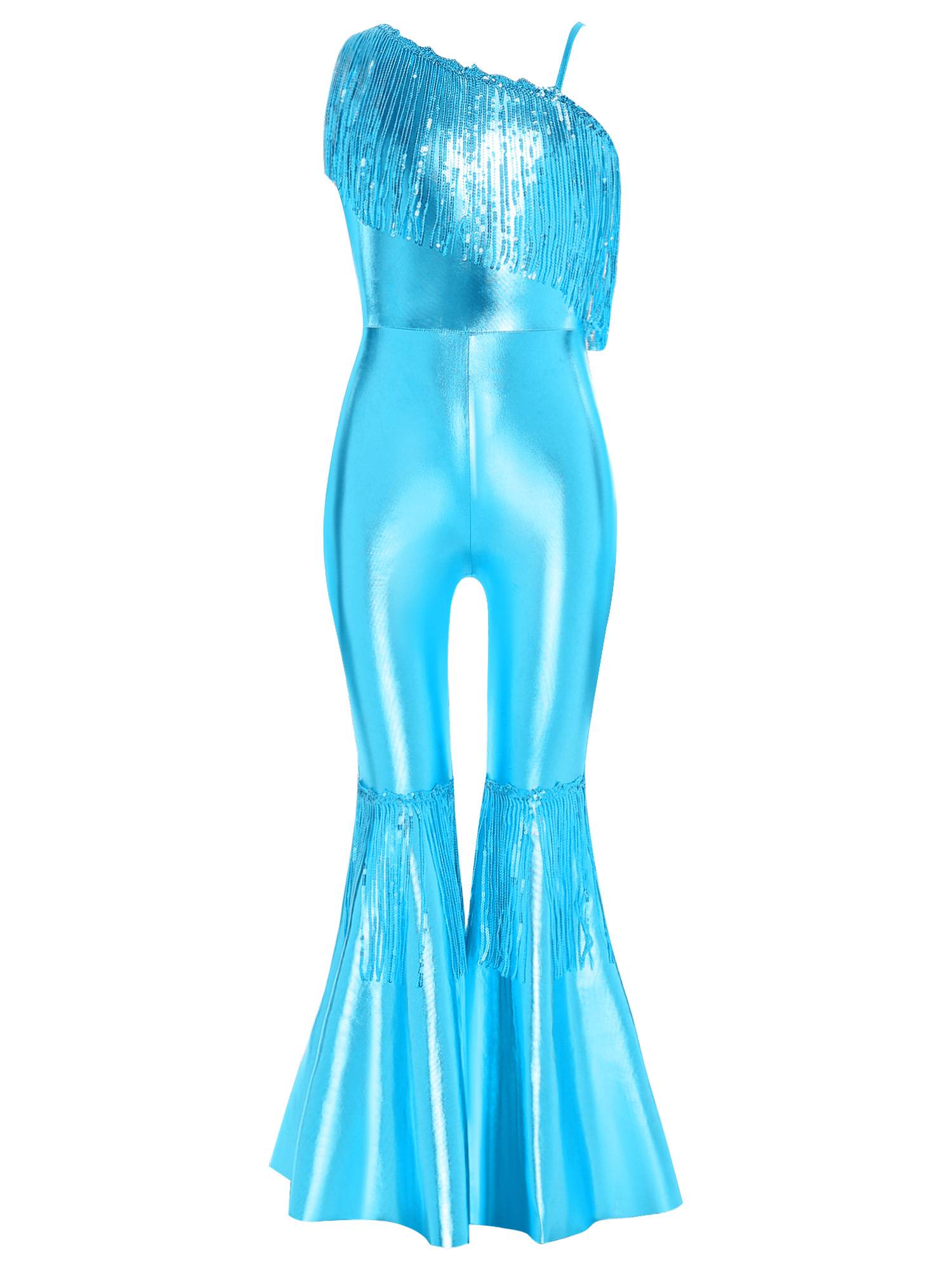 Girls Off-the-Shoulder Sequin Flared Jumpsuit Tassels High Waist Pageant Wear