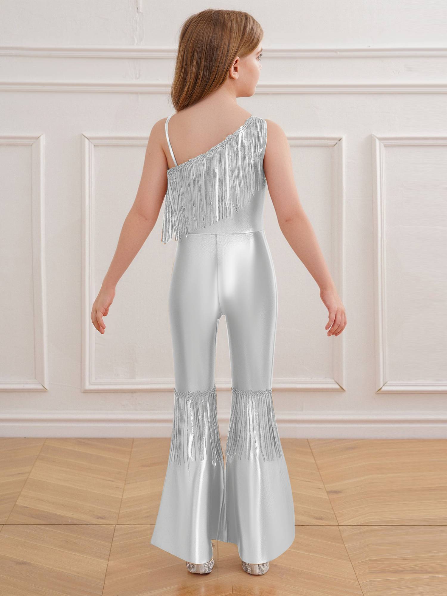 Girls Off-the-Shoulder Sequin Flared Jumpsuit Tassels High Waist Pageant Wear