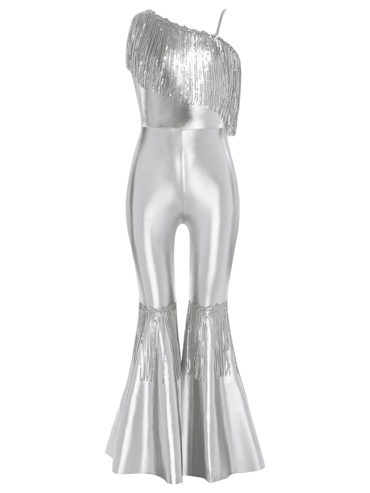 Girls Off-the-Shoulder Sequin Flared Jumpsuit Tassels High Waist Pageant Wear