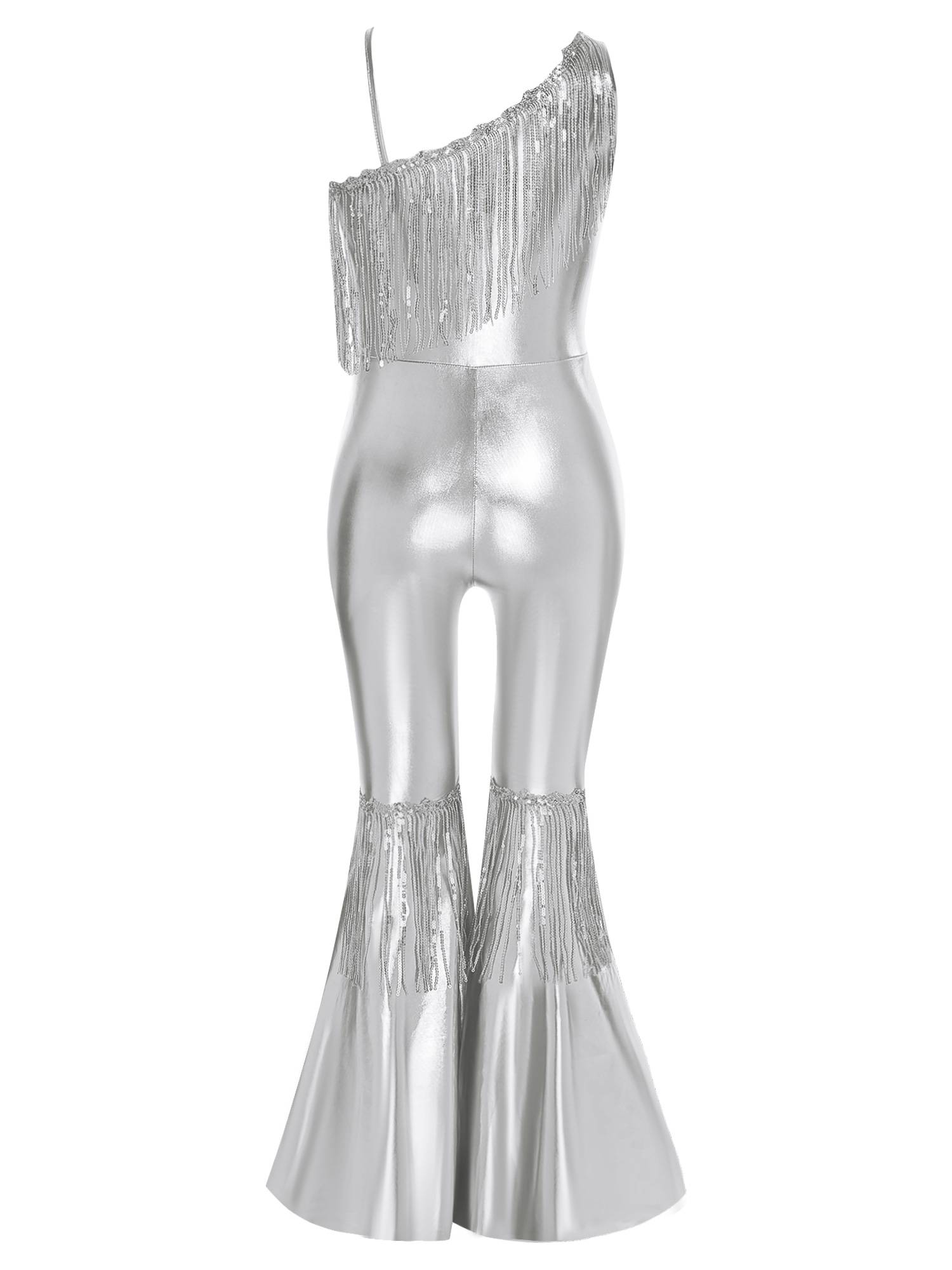 Girls Off-the-Shoulder Sequin Flared Jumpsuit Tassels High Waist Pageant Wear