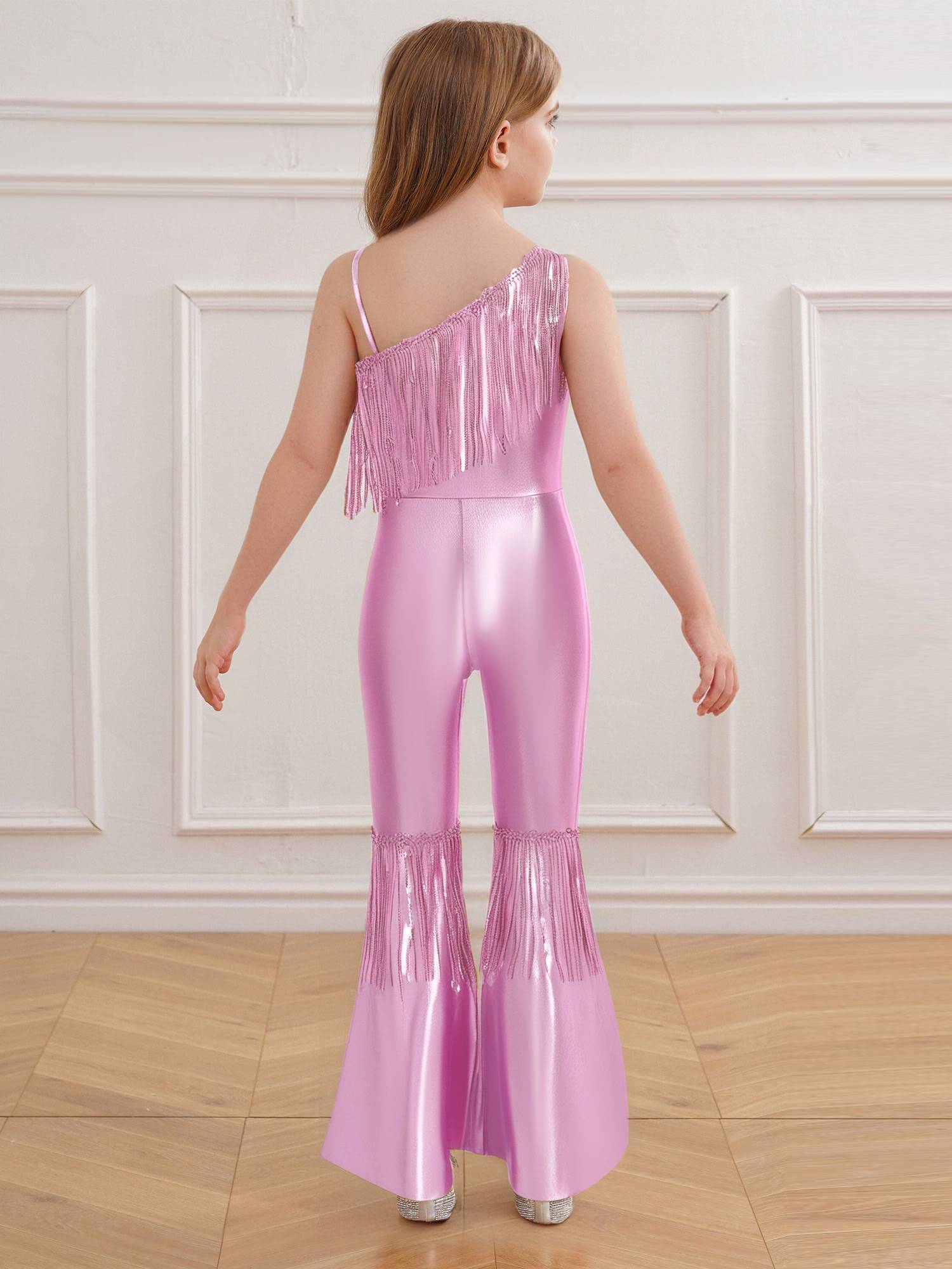 Girls Off-the-Shoulder Sequin Flared Jumpsuit Tassels High Waist Pageant Wear