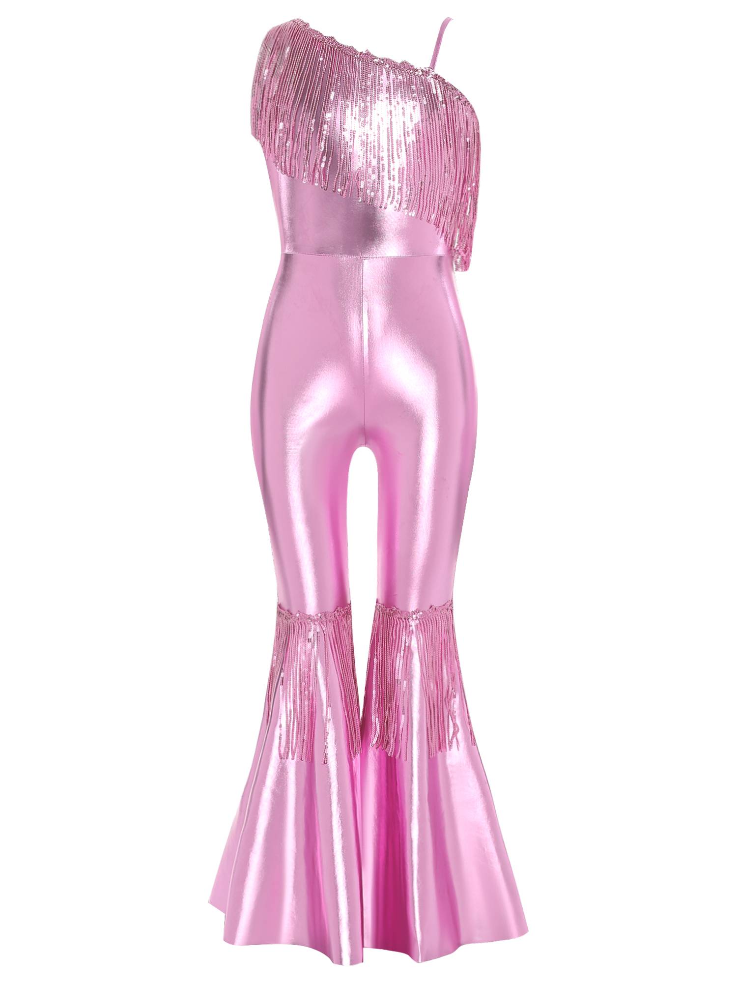 Girls Off-the-Shoulder Sequin Flared Jumpsuit Tassels High Waist Pageant Wear