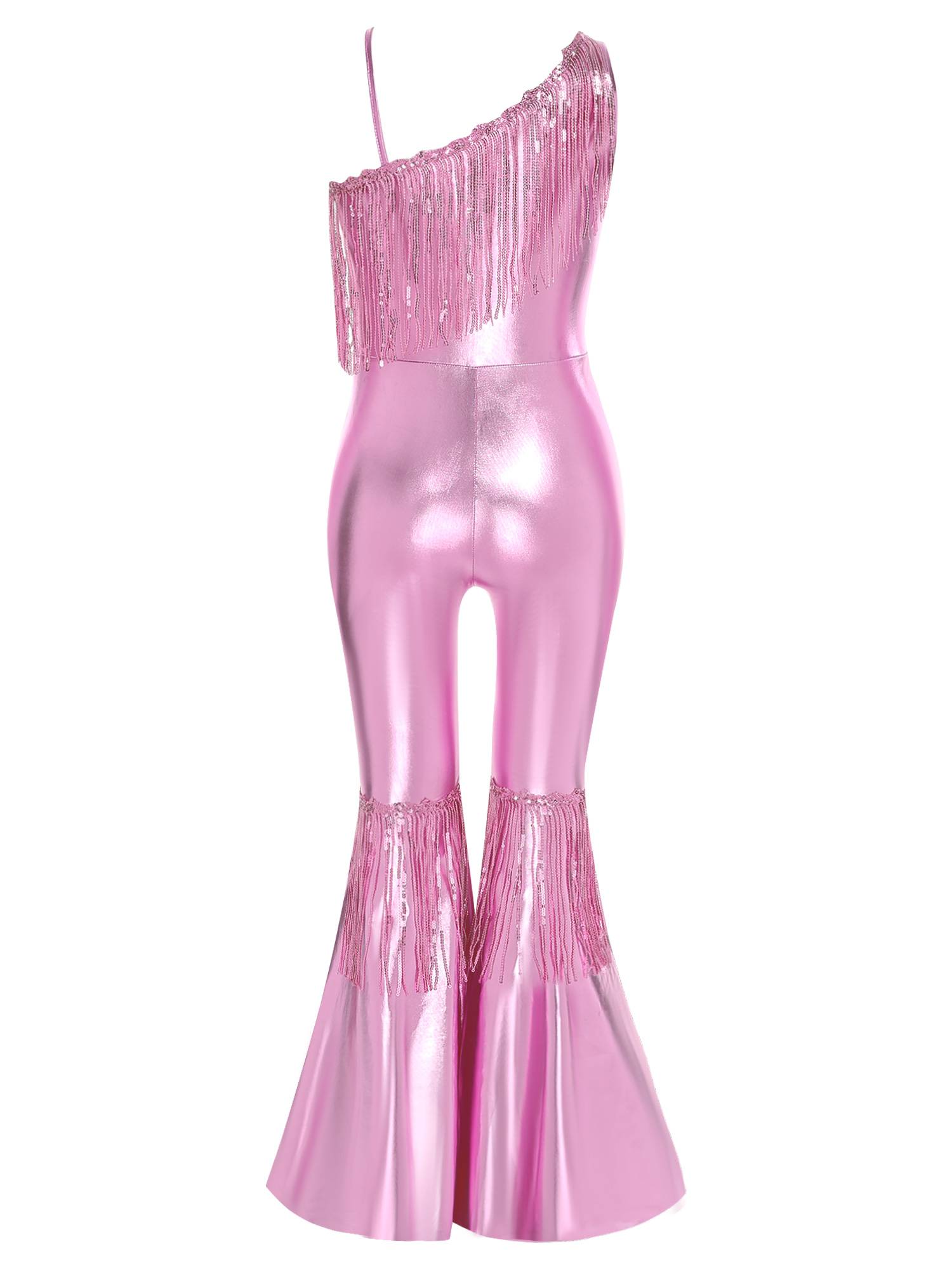 Girls Off-the-Shoulder Sequin Flared Jumpsuit Tassels High Waist Pageant Wear