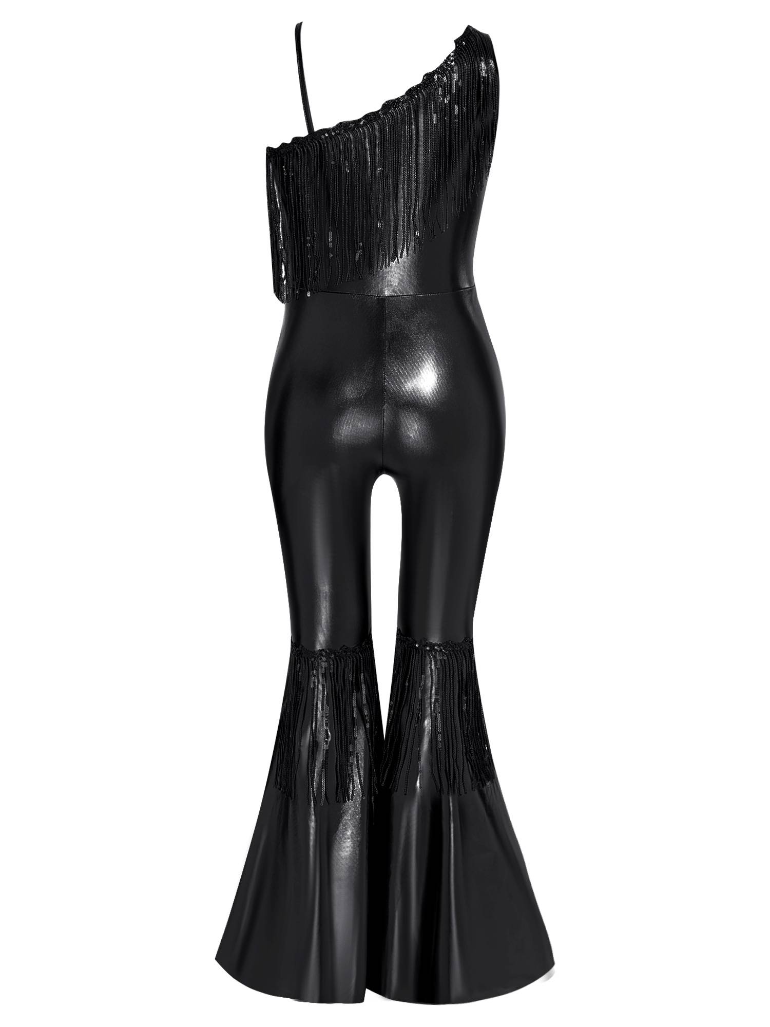 Girls Off-the-Shoulder Sequin Flared Jumpsuit Tassels High Waist Pageant Wear