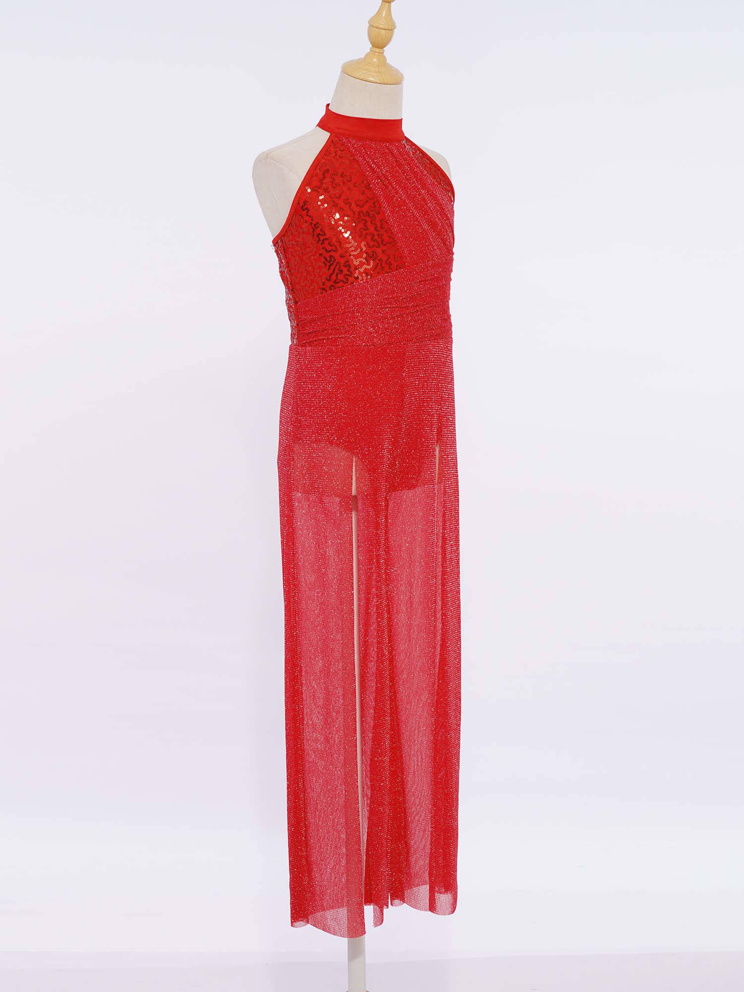Kids Girls Lyrical Dance Jumpsuit Rhinestone Sleeveless Side Slit Ballet Leotard