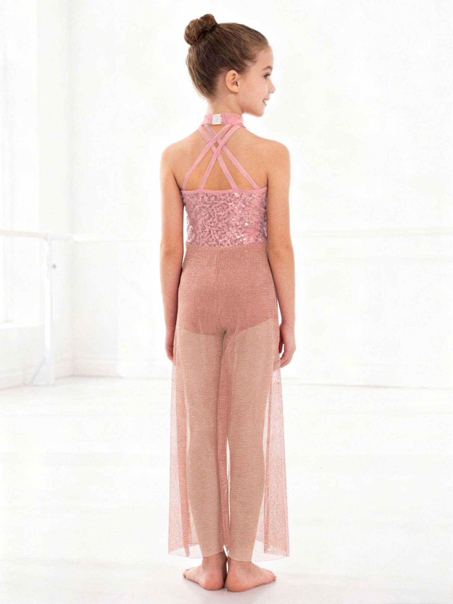 Kids Girls Lyrical Dance Jumpsuit Rhinestone Sleeveless Side Slit Ballet Leotard