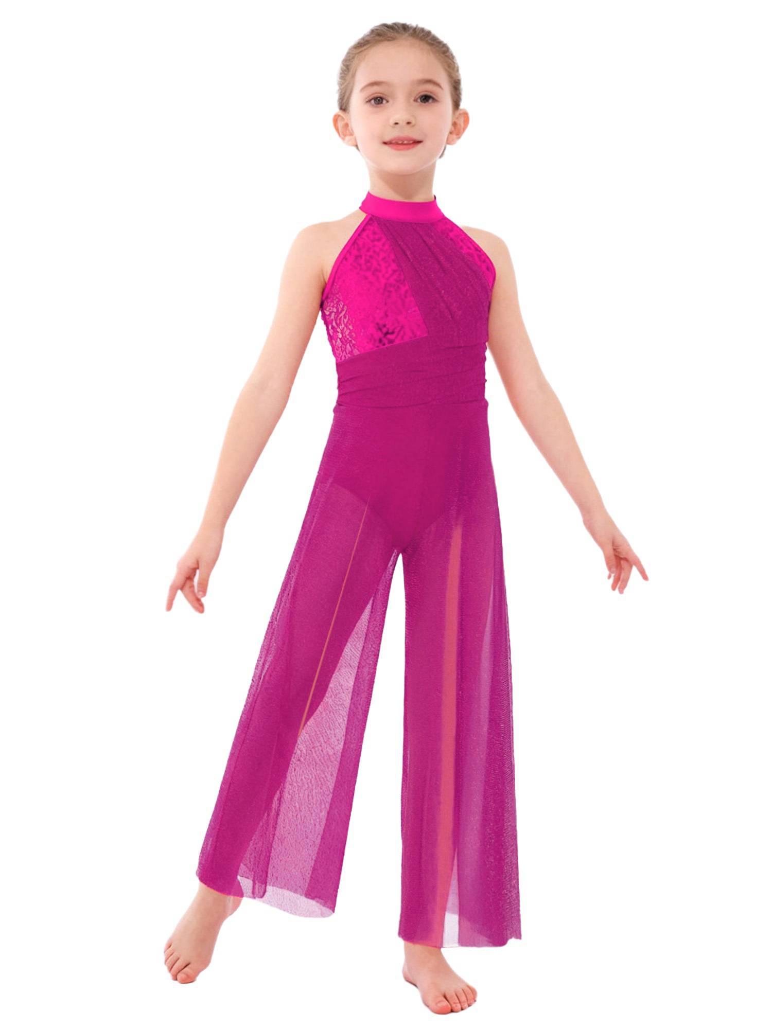 Kids Girls Lyrical Dance Jumpsuit Rhinestone Sleeveless Side Slit Ballet Leotard