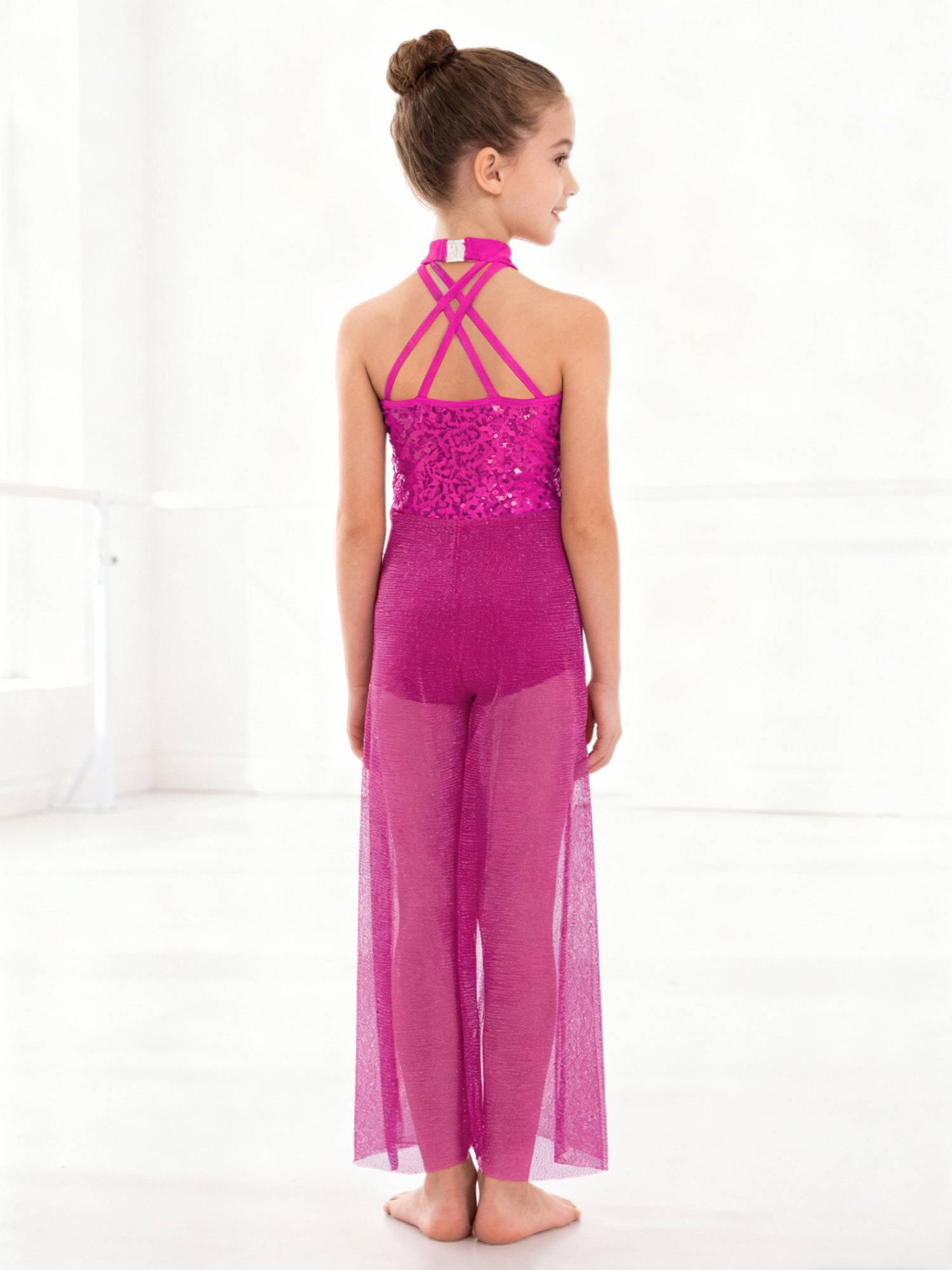 Kids Girls Lyrical Dance Jumpsuit Rhinestone Sleeveless Side Slit Ballet Leotard