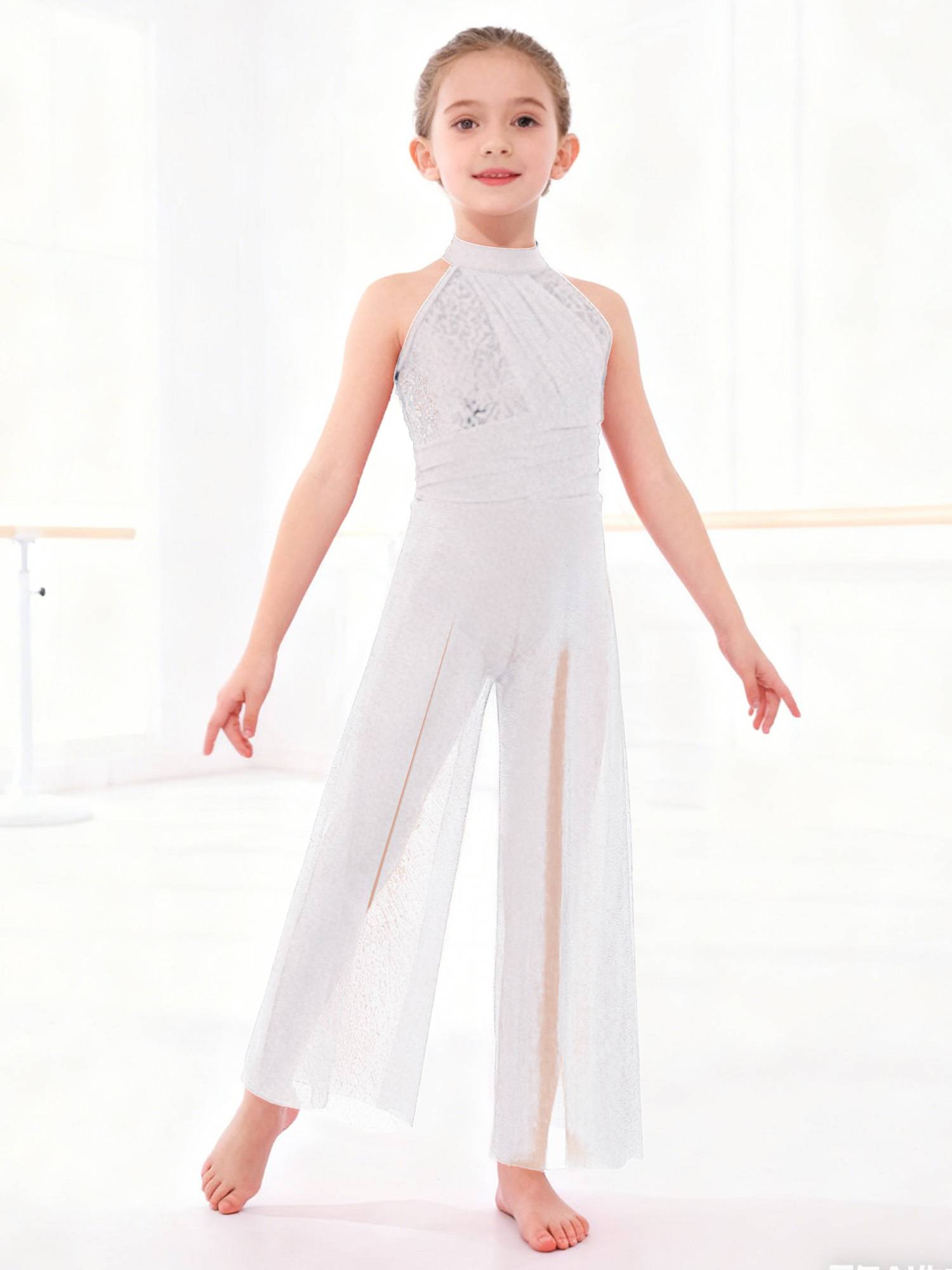 Kids Girls Lyrical Dance Jumpsuit Rhinestone Sleeveless Side Slit Ballet Leotard