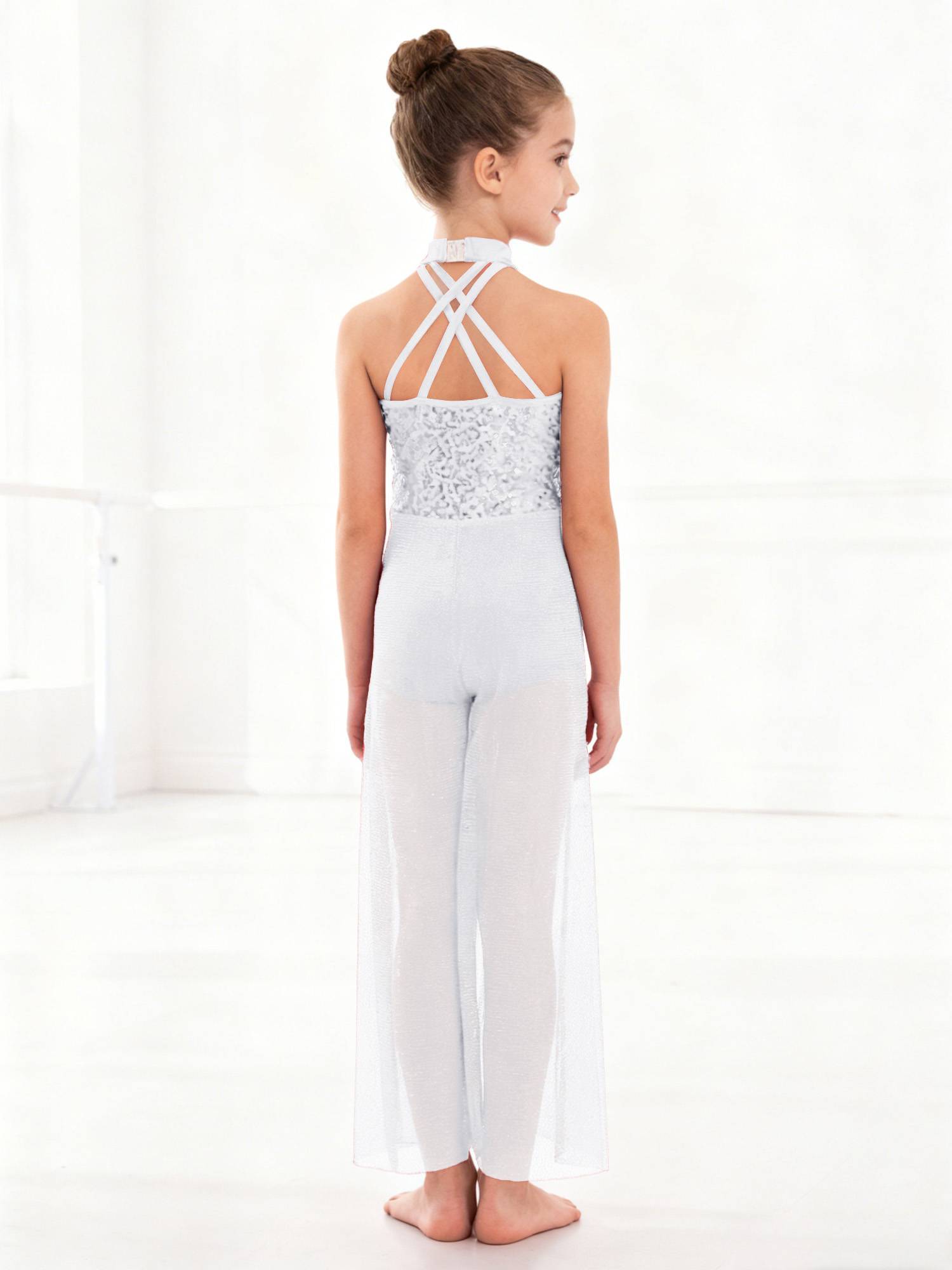 Kids Girls Lyrical Dance Jumpsuit Rhinestone Sleeveless Side Slit Ballet Leotard
