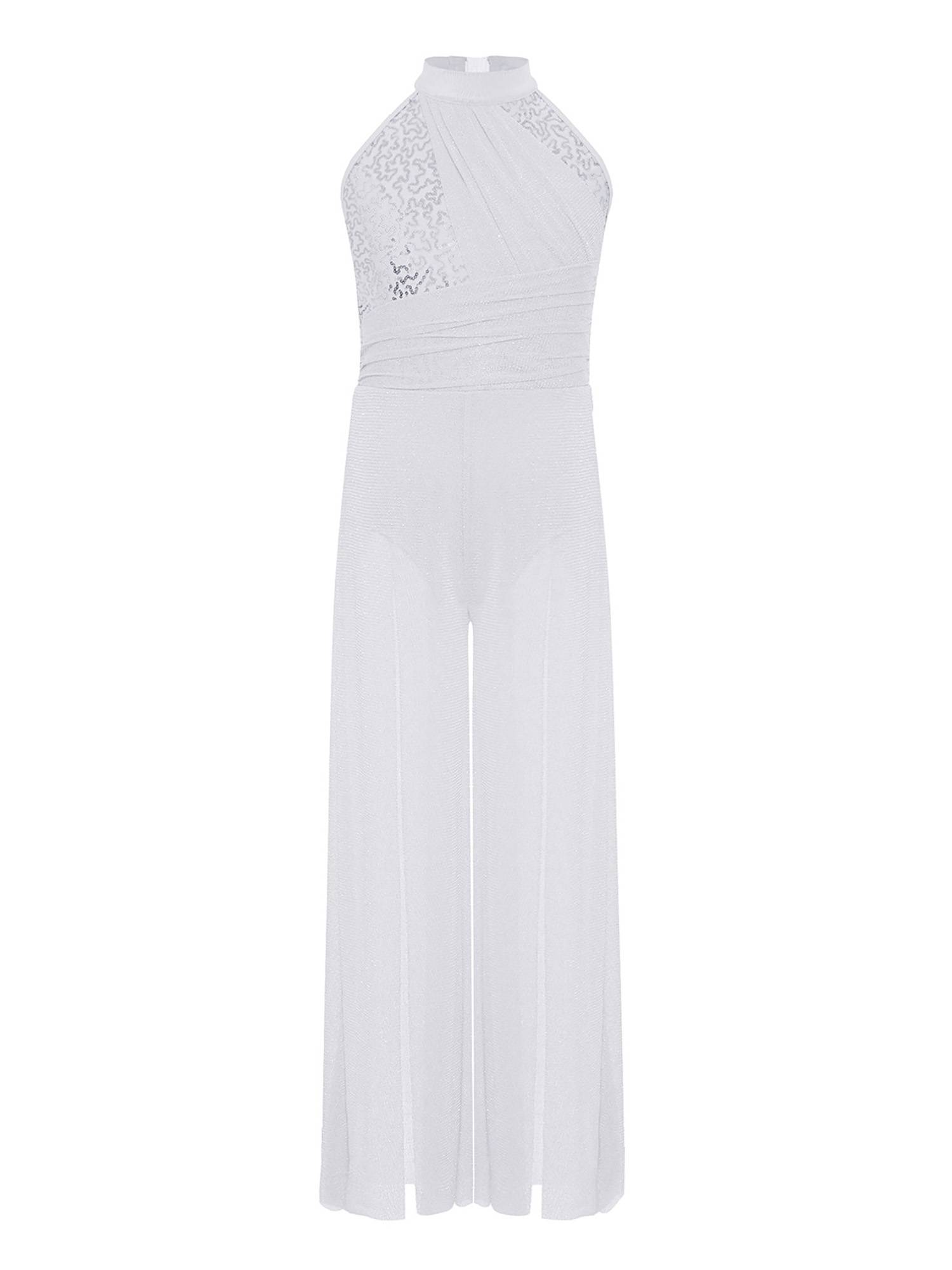 Kids Girls Lyrical Dance Jumpsuit Rhinestone Sleeveless Side Slit Ballet Leotard