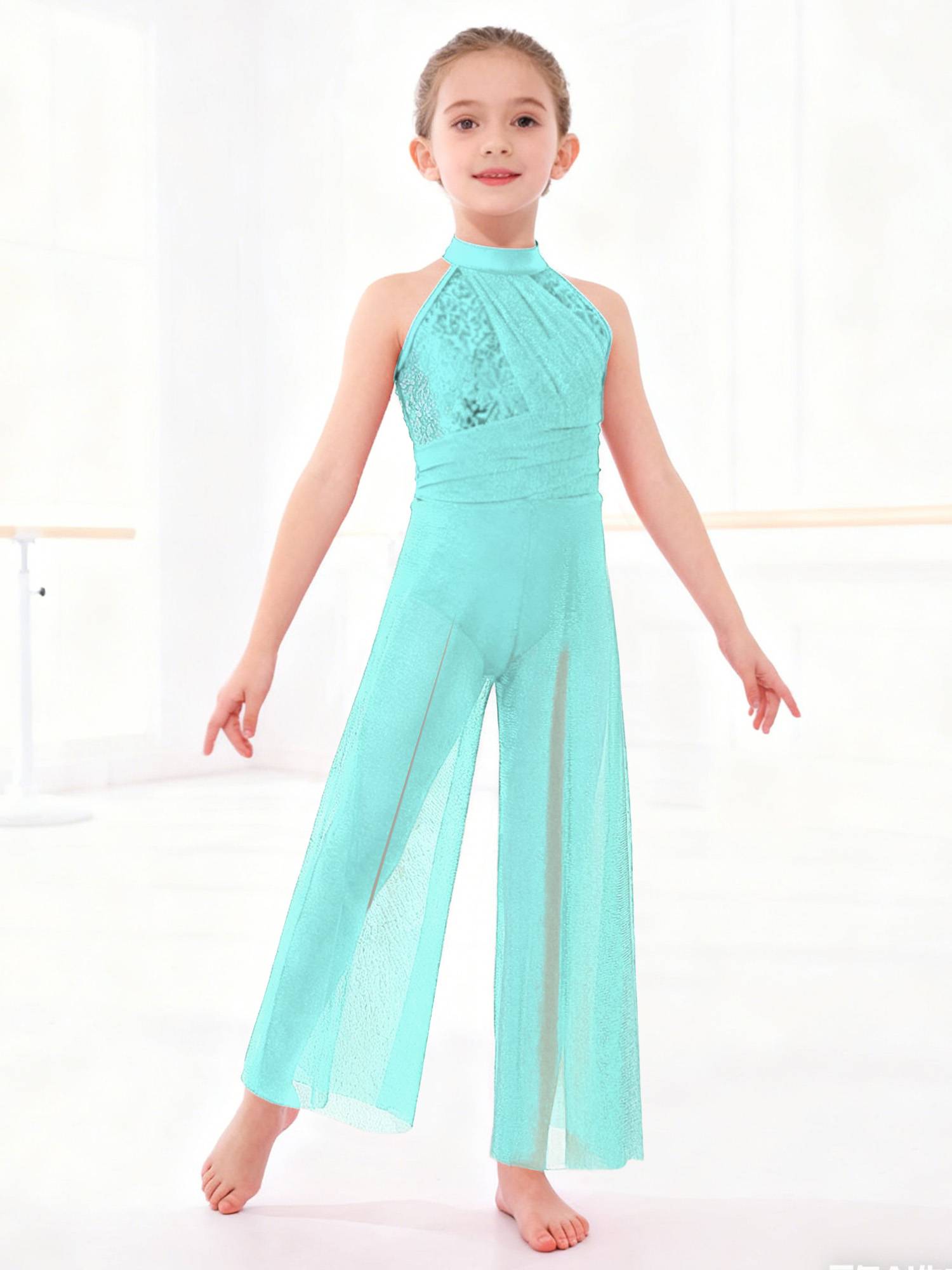 Kids Girls Lyrical Dance Jumpsuit Rhinestone Sleeveless Side Slit Ballet Leotard