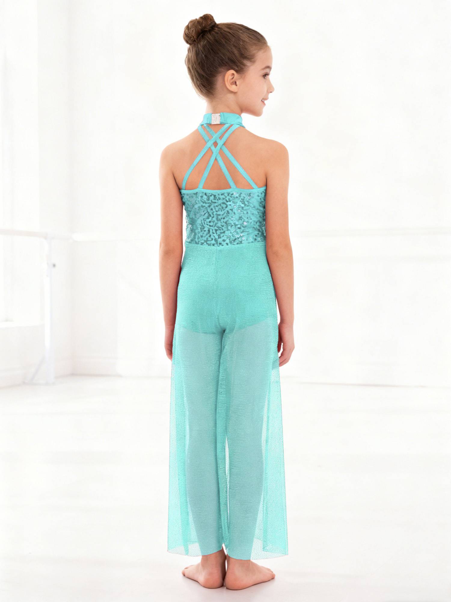 Kids Girls Lyrical Dance Jumpsuit Rhinestone Sleeveless Side Slit Ballet Leotard