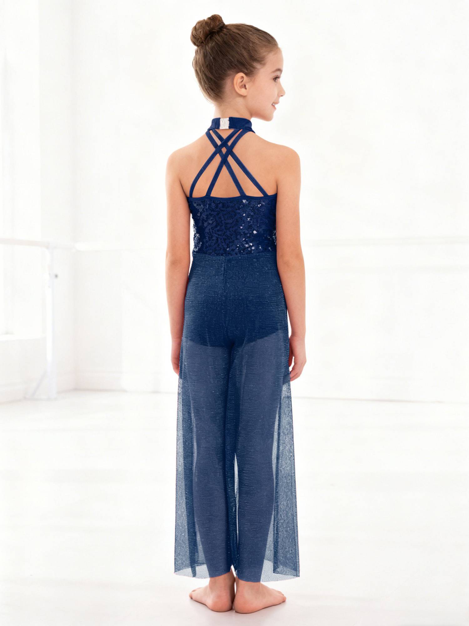 Kids Girls Lyrical Dance Jumpsuit Rhinestone Sleeveless Side Slit Ballet Leotard