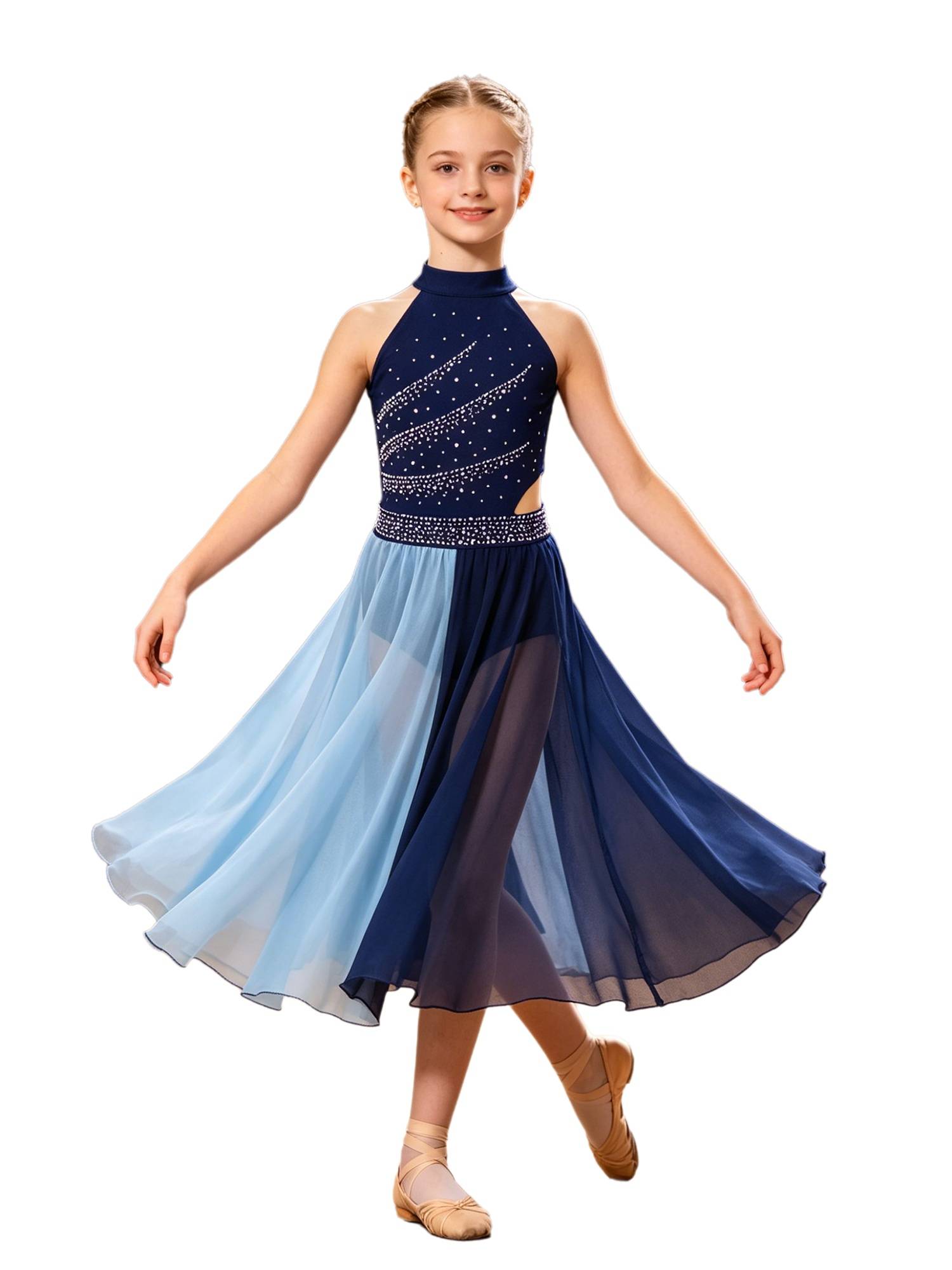 Girls Rhinestone Sleeveless Chiffon Lyrical Dance Dress for Performance
