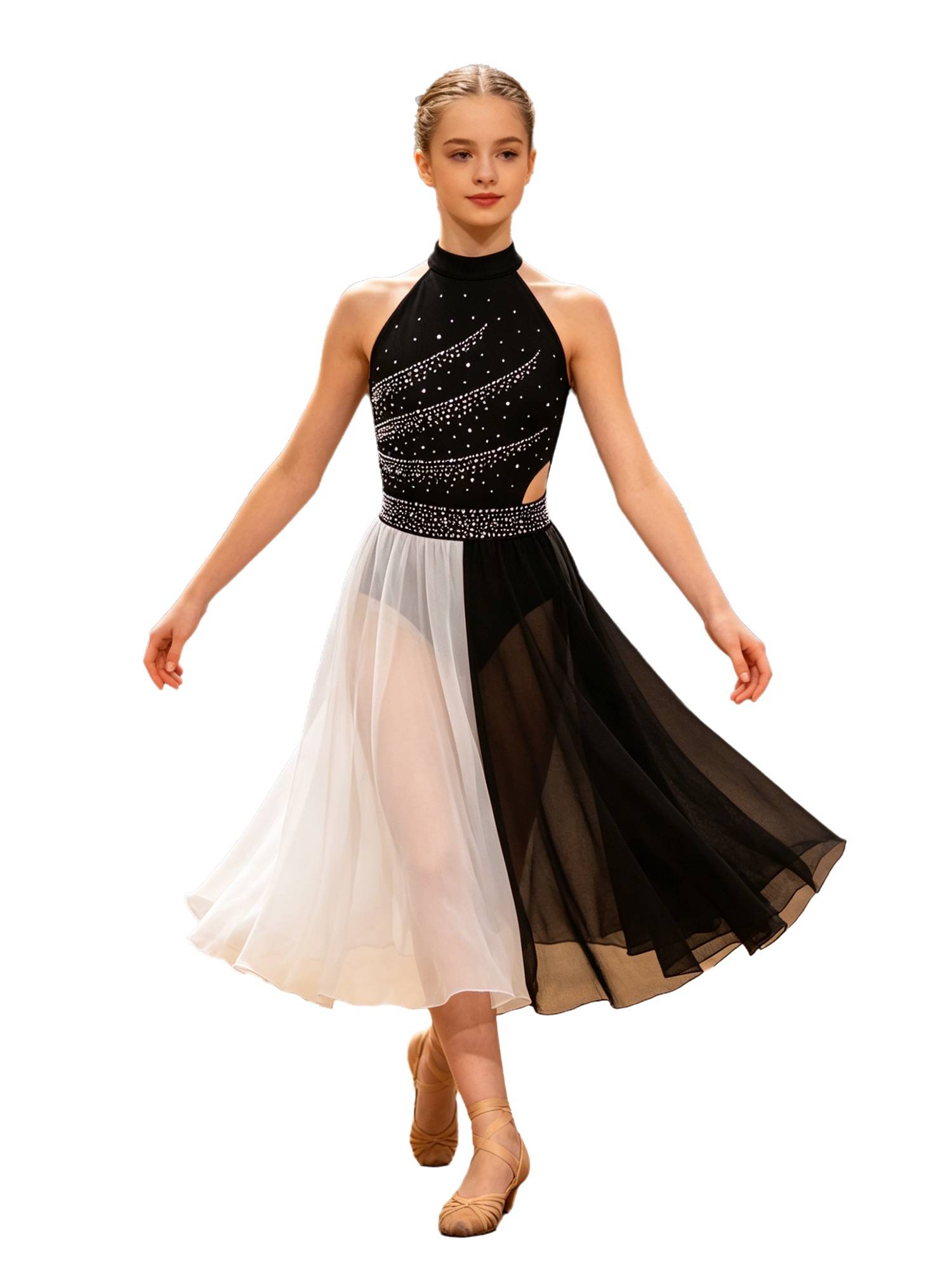 Girls Rhinestone Sleeveless Chiffon Lyrical Dance Dress for Performance
