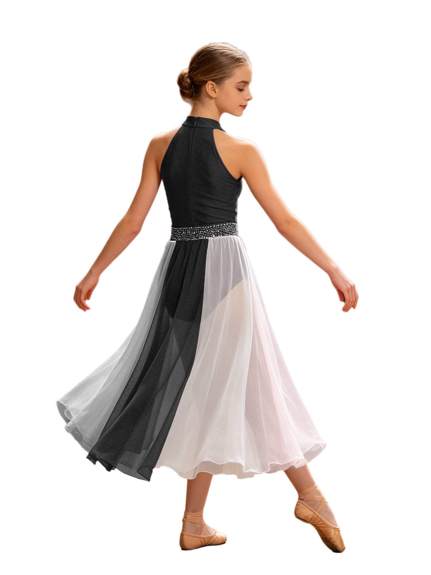 Girls Rhinestone Sleeveless Chiffon Lyrical Dance Dress for Performance
