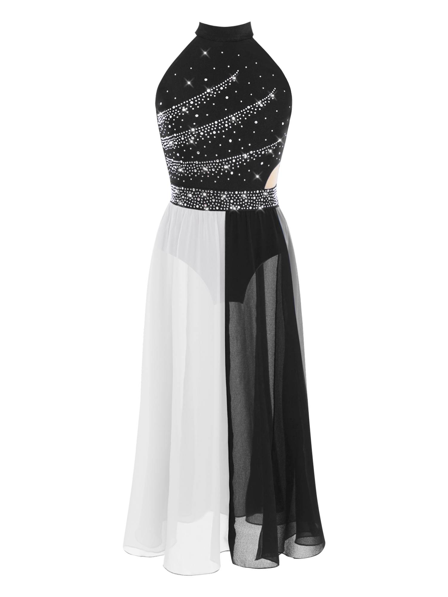 Girls Rhinestone Sleeveless Chiffon Lyrical Dance Dress for Performance