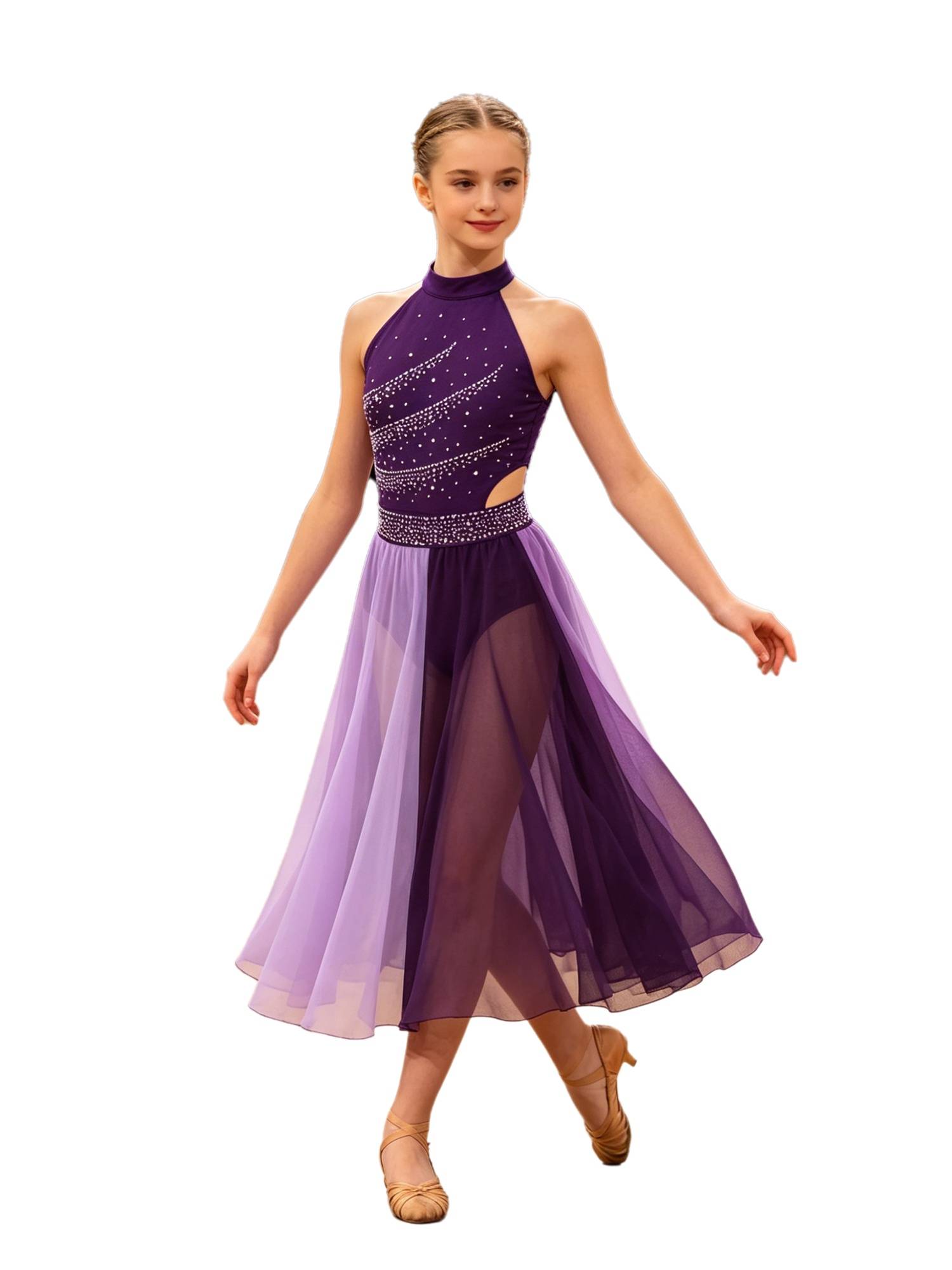 Girls Rhinestone Sleeveless Chiffon Lyrical Dance Dress for Performance