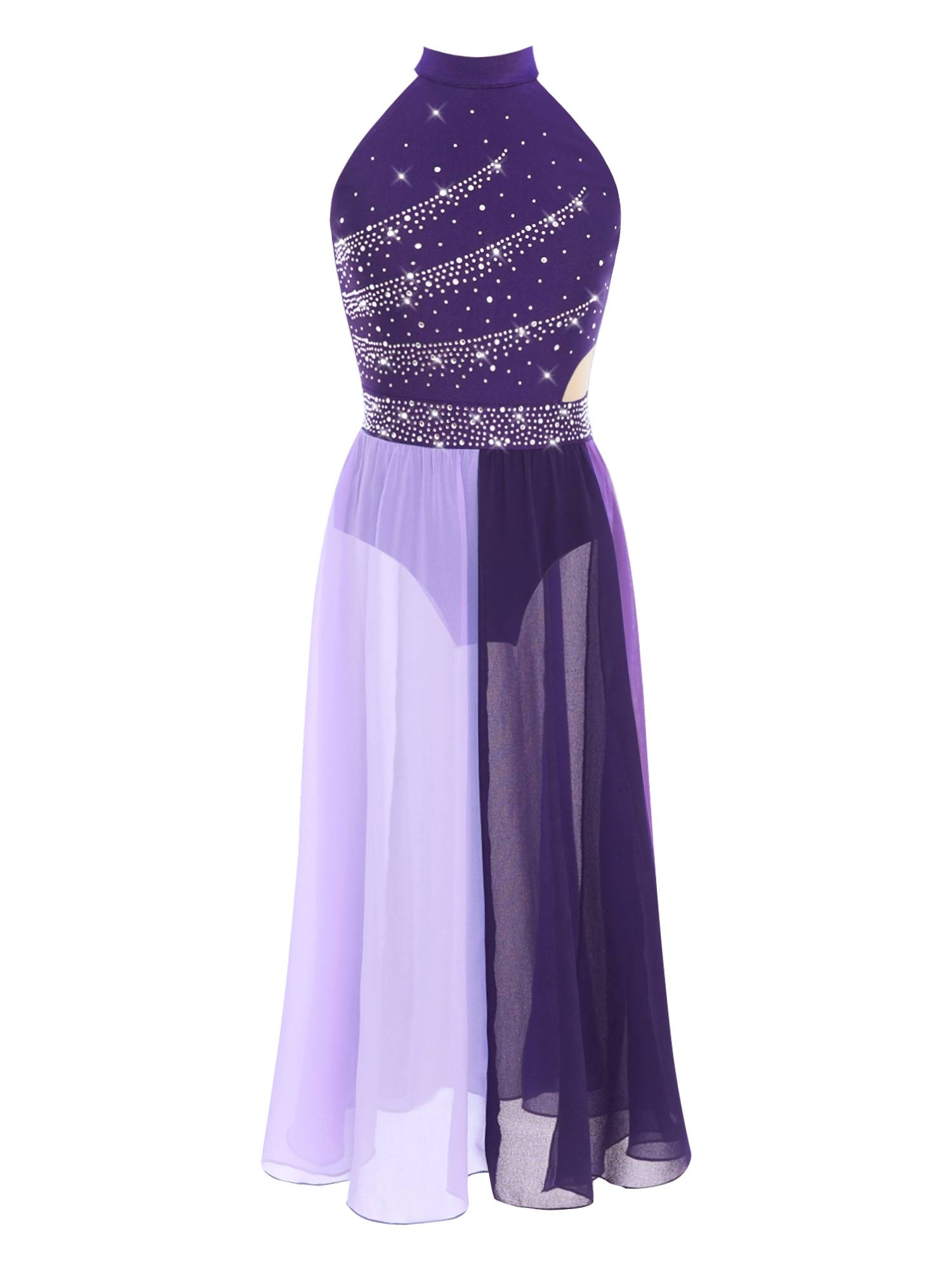 Girls Rhinestone Sleeveless Chiffon Lyrical Dance Dress for Performance