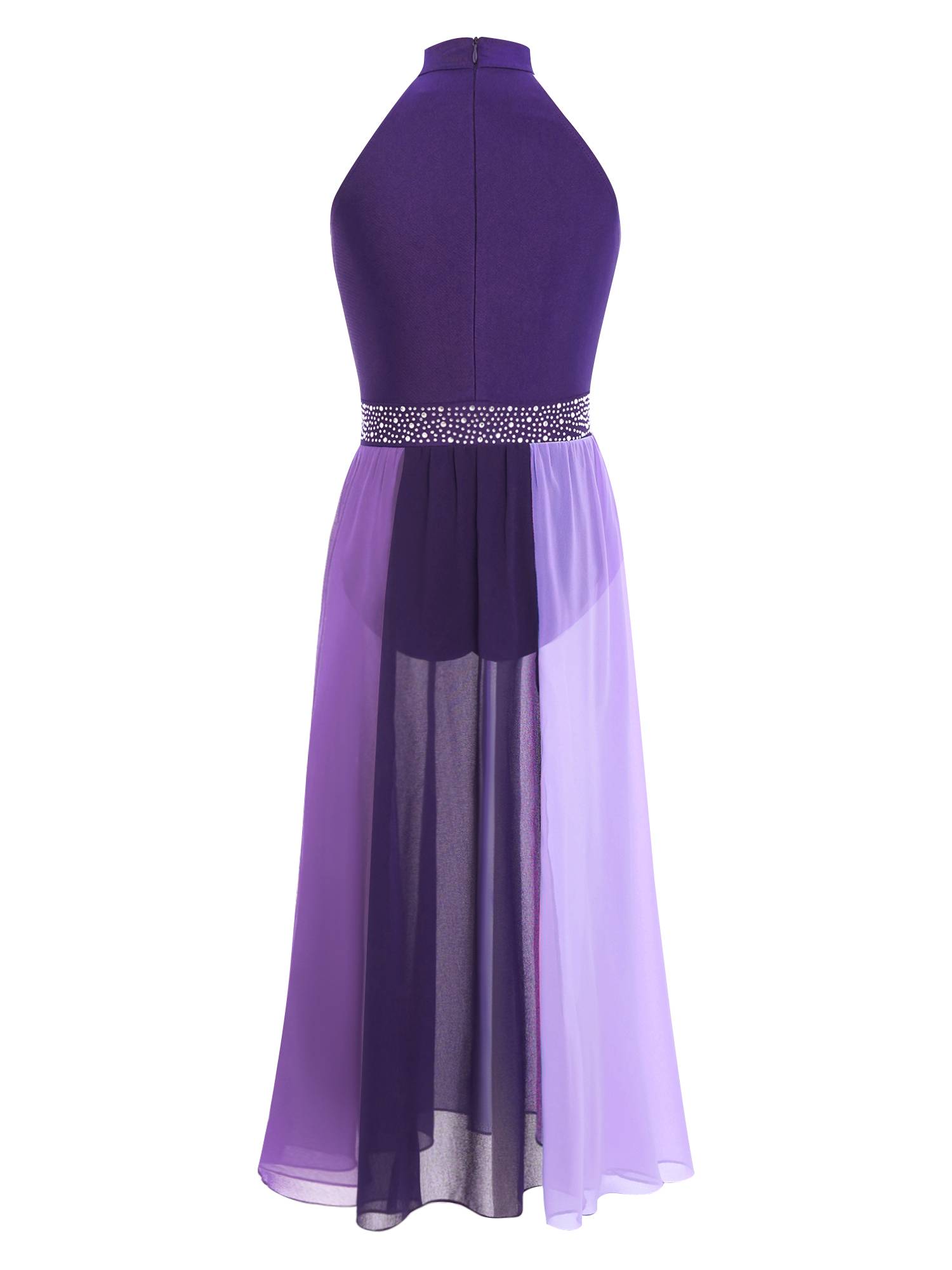 Girls Rhinestone Sleeveless Chiffon Lyrical Dance Dress for Performance