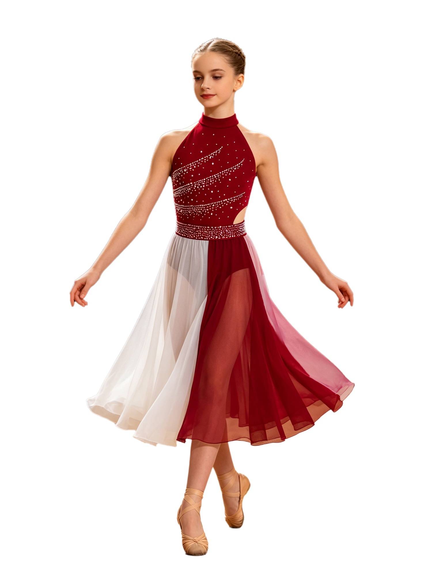 Girls Rhinestone Sleeveless Chiffon Lyrical Dance Dress for Performance