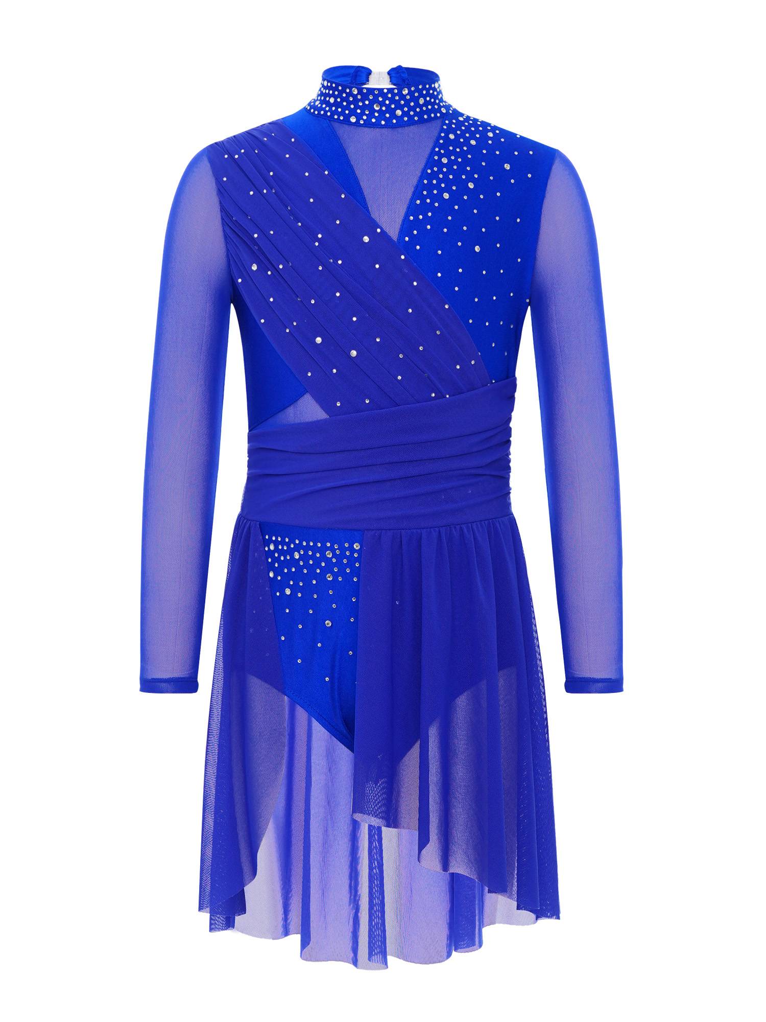 Kids Girls Long Sleeve Cutout Back Rhinestone Lyrical Dance Dress