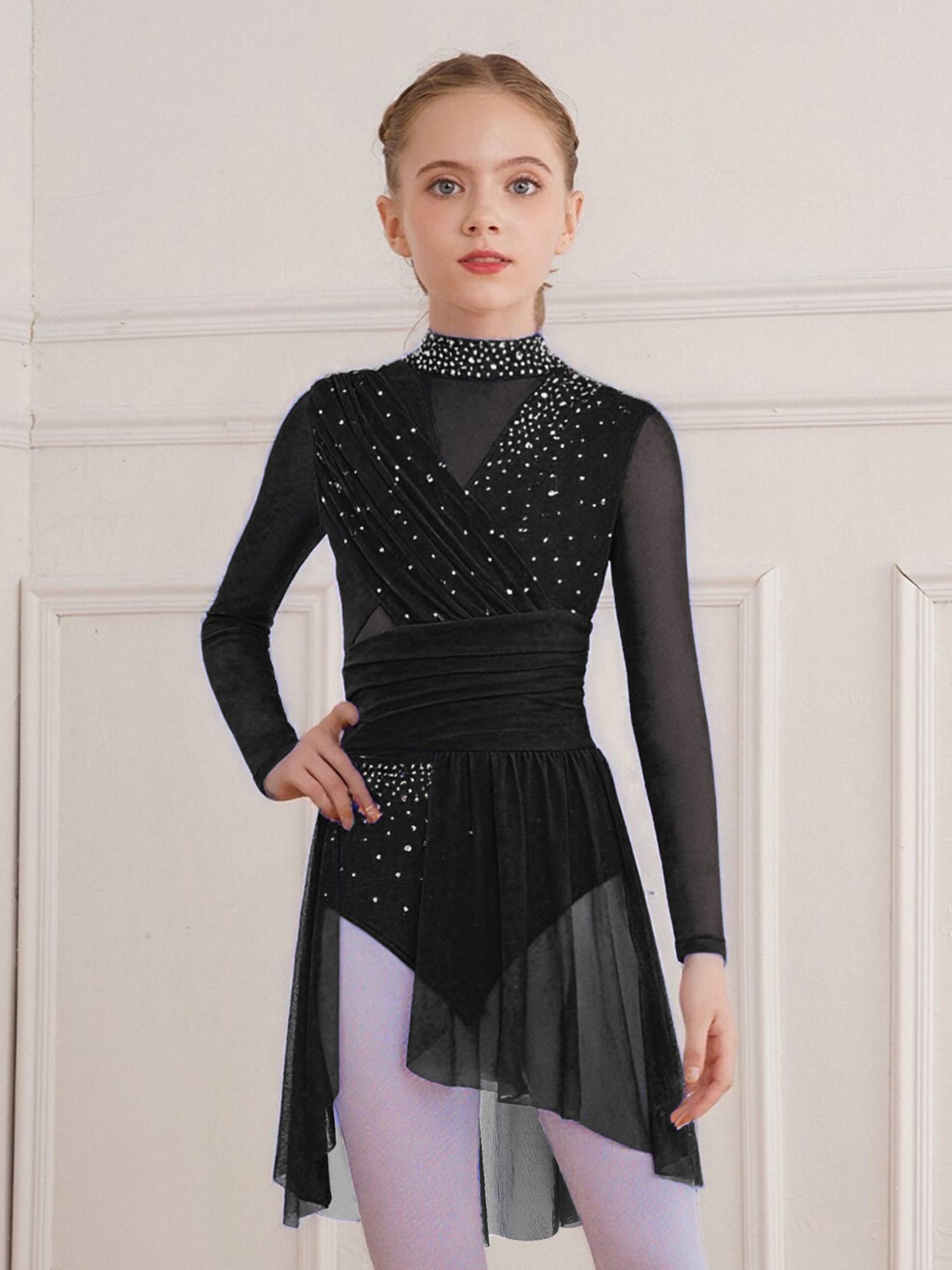 Kids Girls Long Sleeve Cutout Back Rhinestone Lyrical Dance Dress