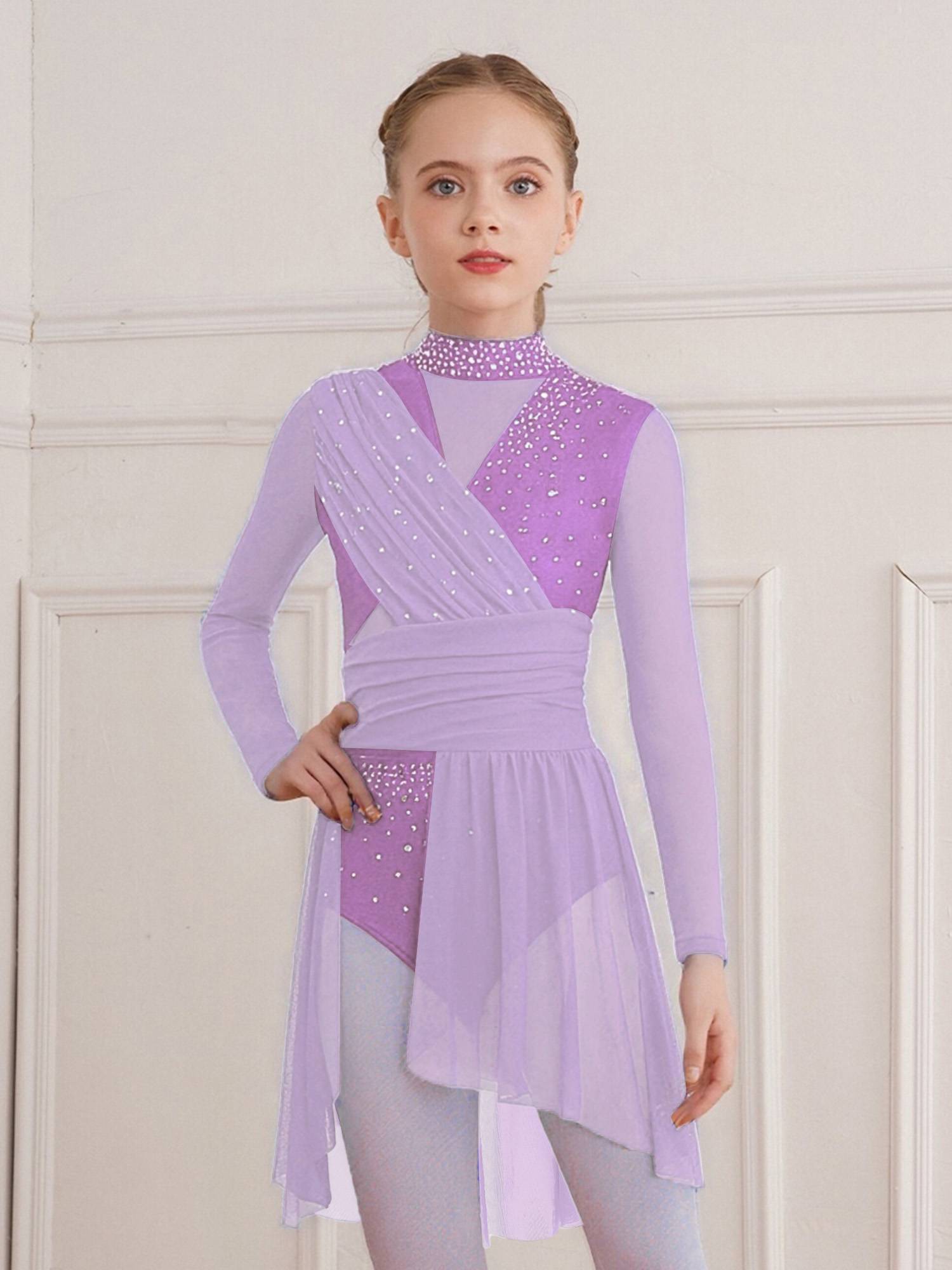 Kids Girls Long Sleeve Cutout Back Rhinestone Lyrical Dance Dress