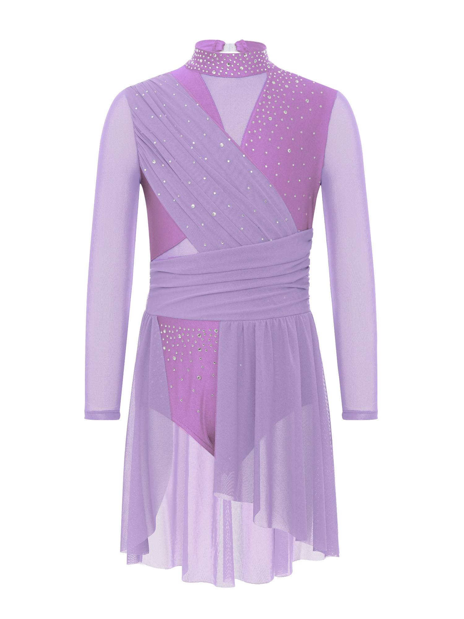Kids Girls Long Sleeve Cutout Back Rhinestone Lyrical Dance Dress