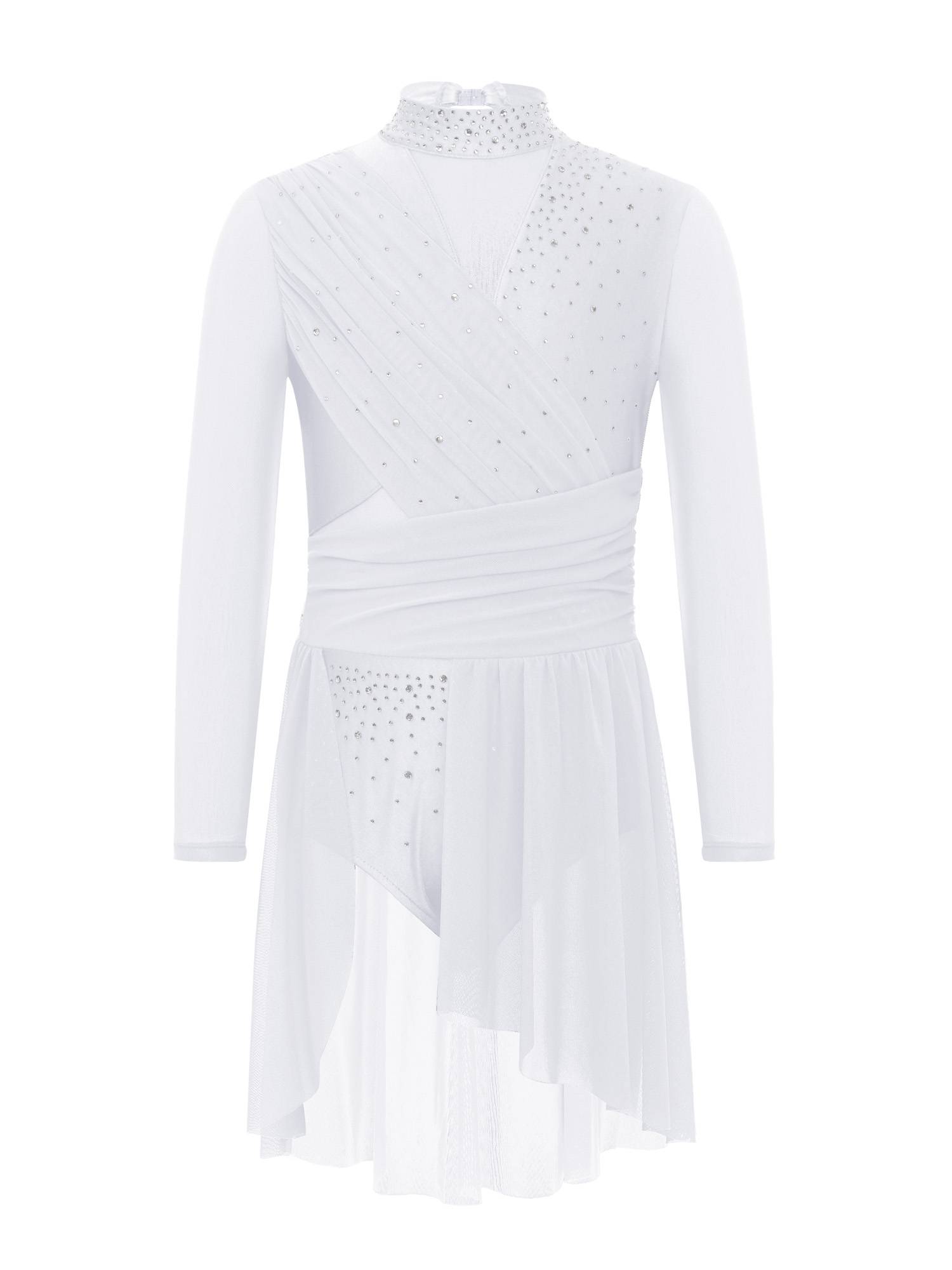 Kids Girls Long Sleeve Cutout Back Rhinestone Lyrical Dance Dress