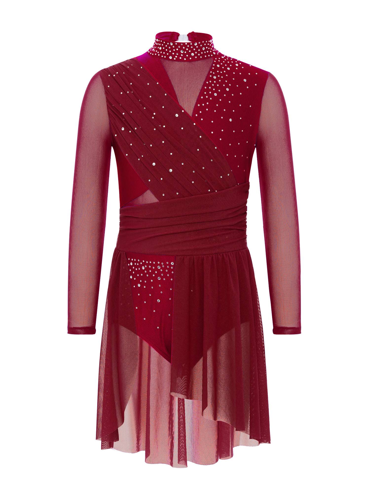Kids Girls Long Sleeve Cutout Back Rhinestone Lyrical Dance Dress