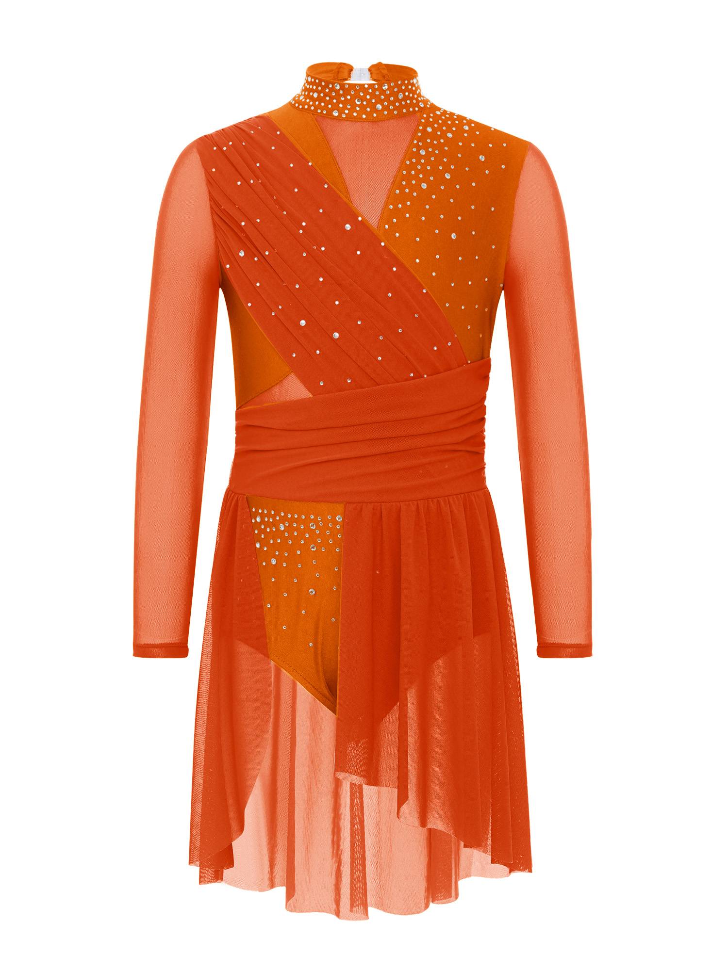Kids Girls Long Sleeve Cutout Back Rhinestone Lyrical Dance Dress