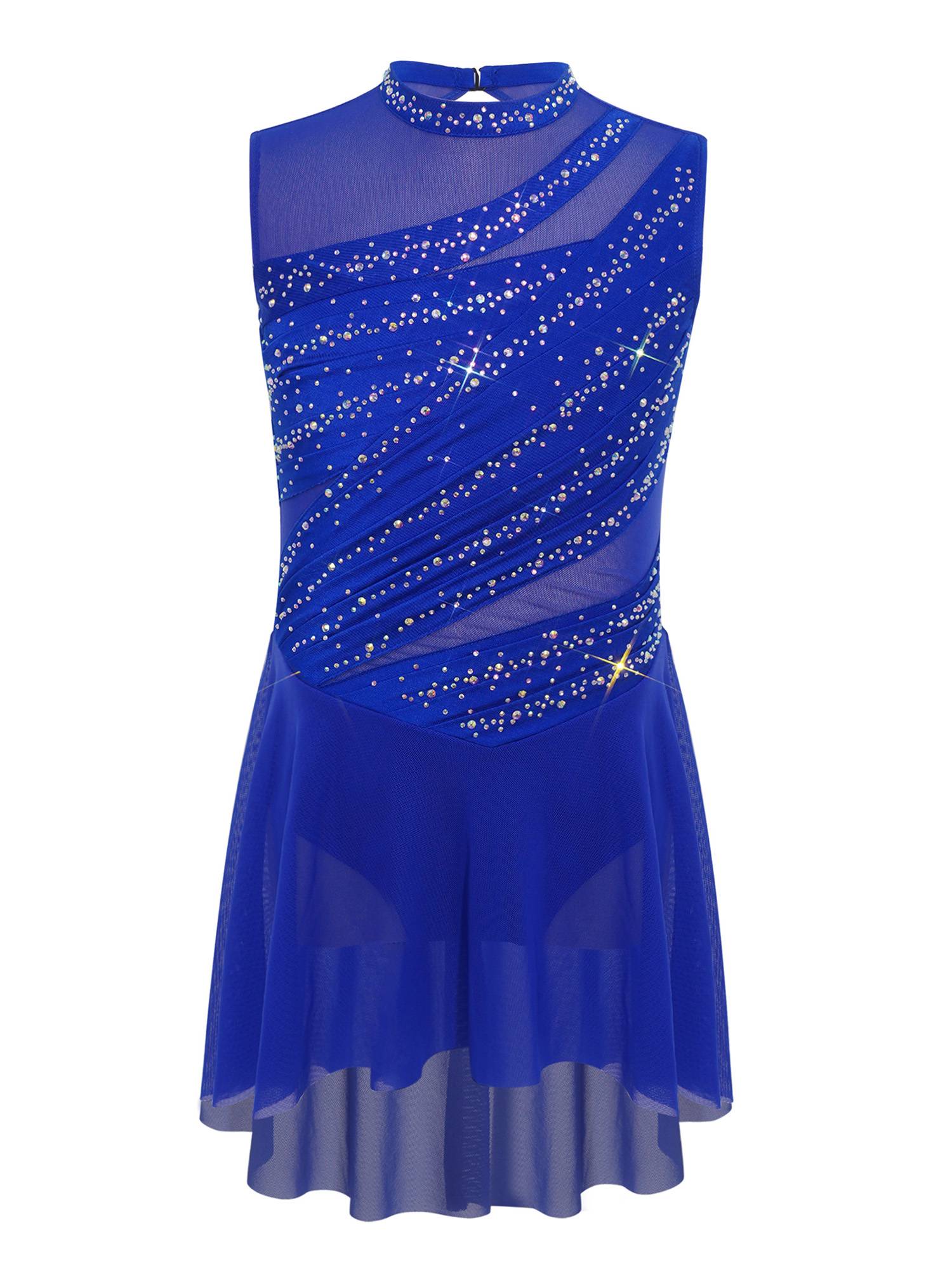 Girls Lyrical Dance Costume Sparkly Sleeveless Hi-lo Figure Skating Dress