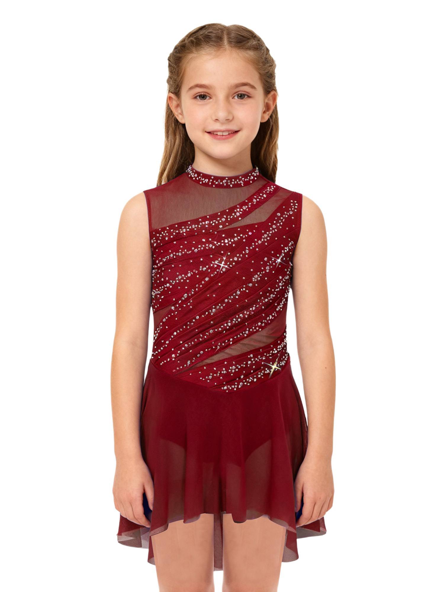 Girls Lyrical Dance Costume Sparkly Sleeveless Hi-lo Figure Skating Dress