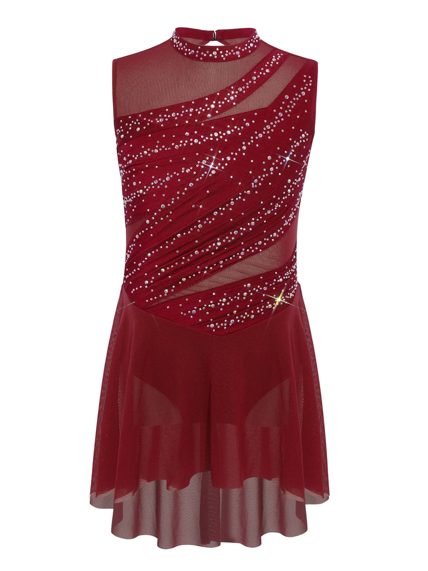 Girls Lyrical Dance Costume Sparkly Sleeveless Hi-lo Figure Skating Dress