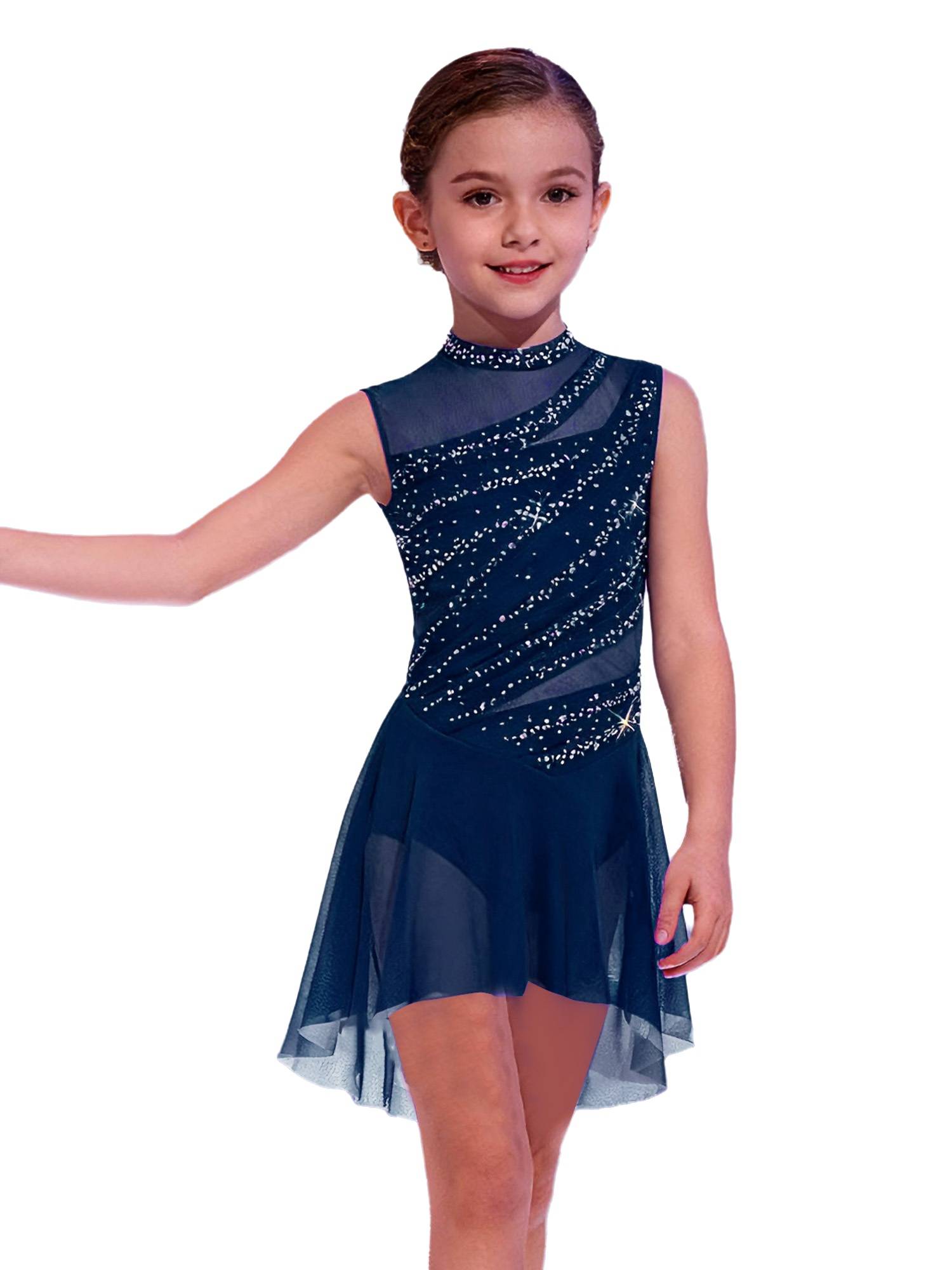 Girls Lyrical Dance Costume Sparkly Sleeveless Hi-lo Figure Skating Dress