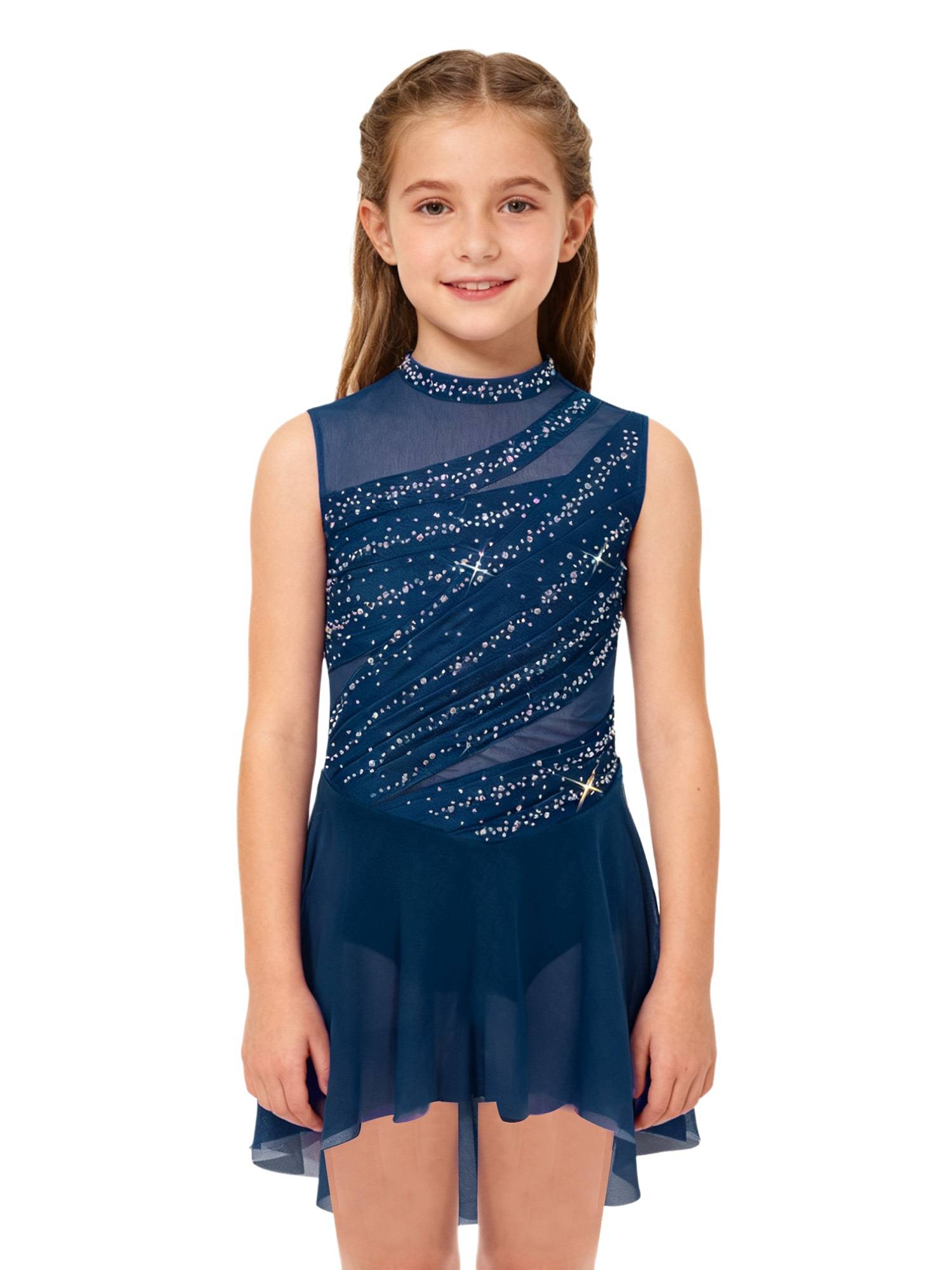 Girls Lyrical Dance Costume Sparkly Sleeveless Hi-lo Figure Skating Dress
