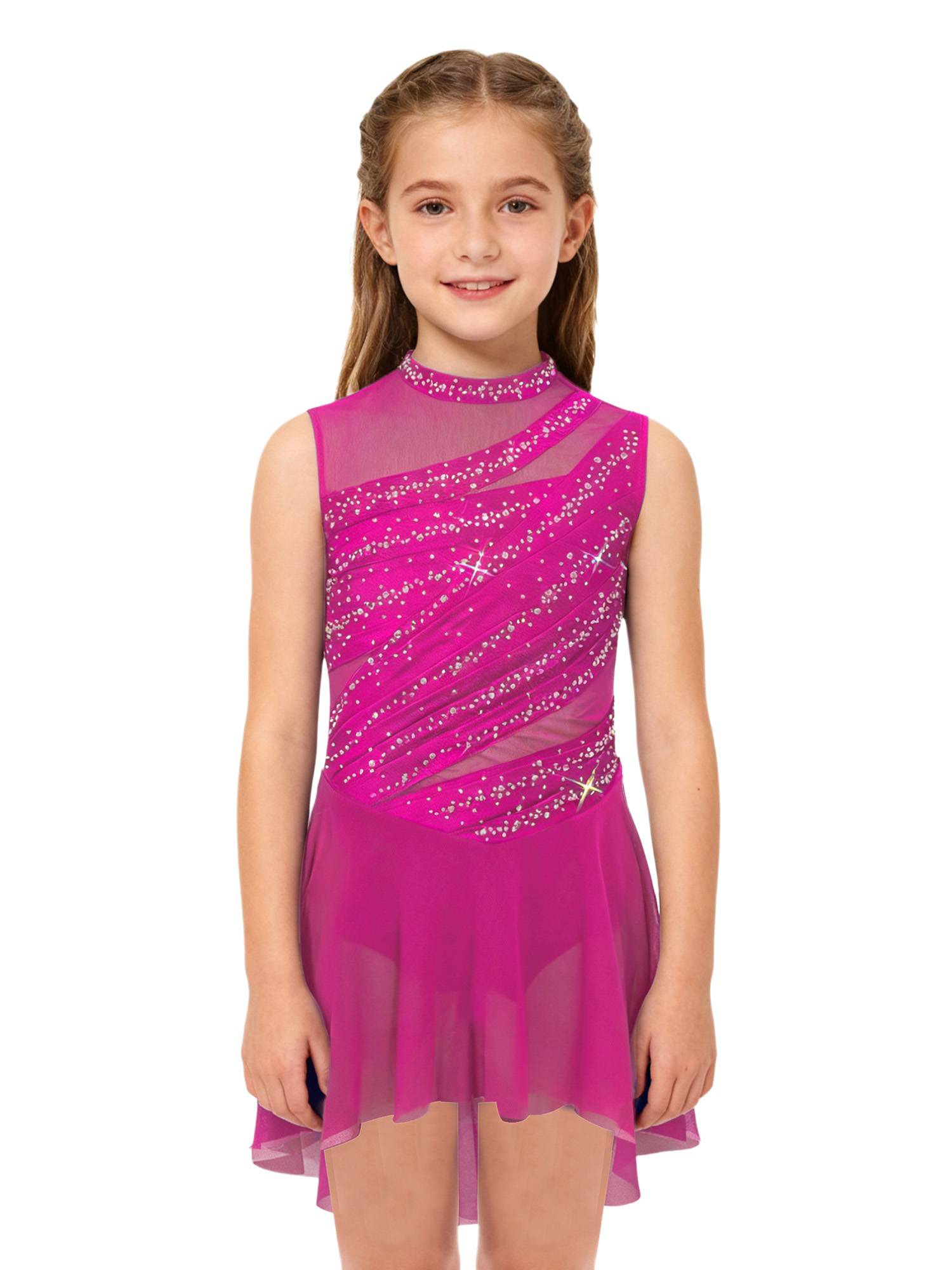 Girls Lyrical Dance Costume Sparkly Sleeveless Hi-lo Figure Skating Dress