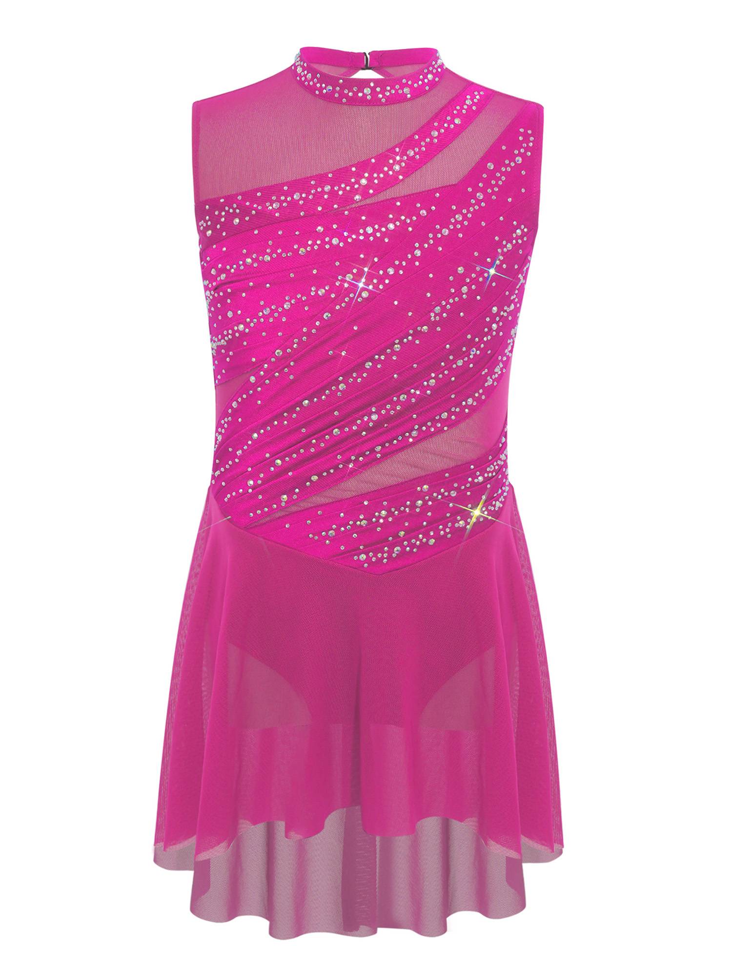 Girls Lyrical Dance Costume Sparkly Sleeveless Hi-lo Figure Skating Dress