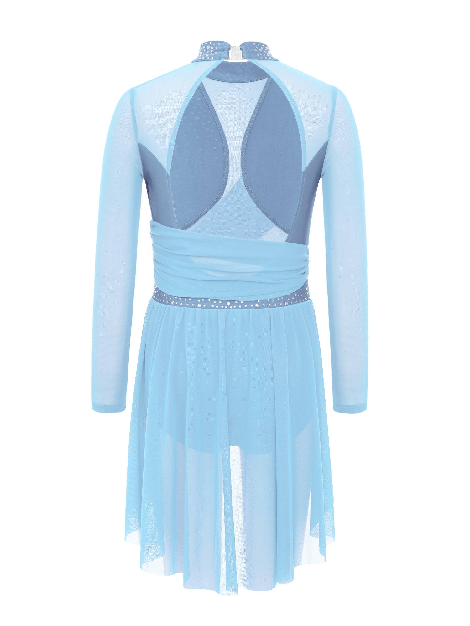 Kids Girls Long Sleeve Cutout Back Rhinestone Lyrical Dance Dress