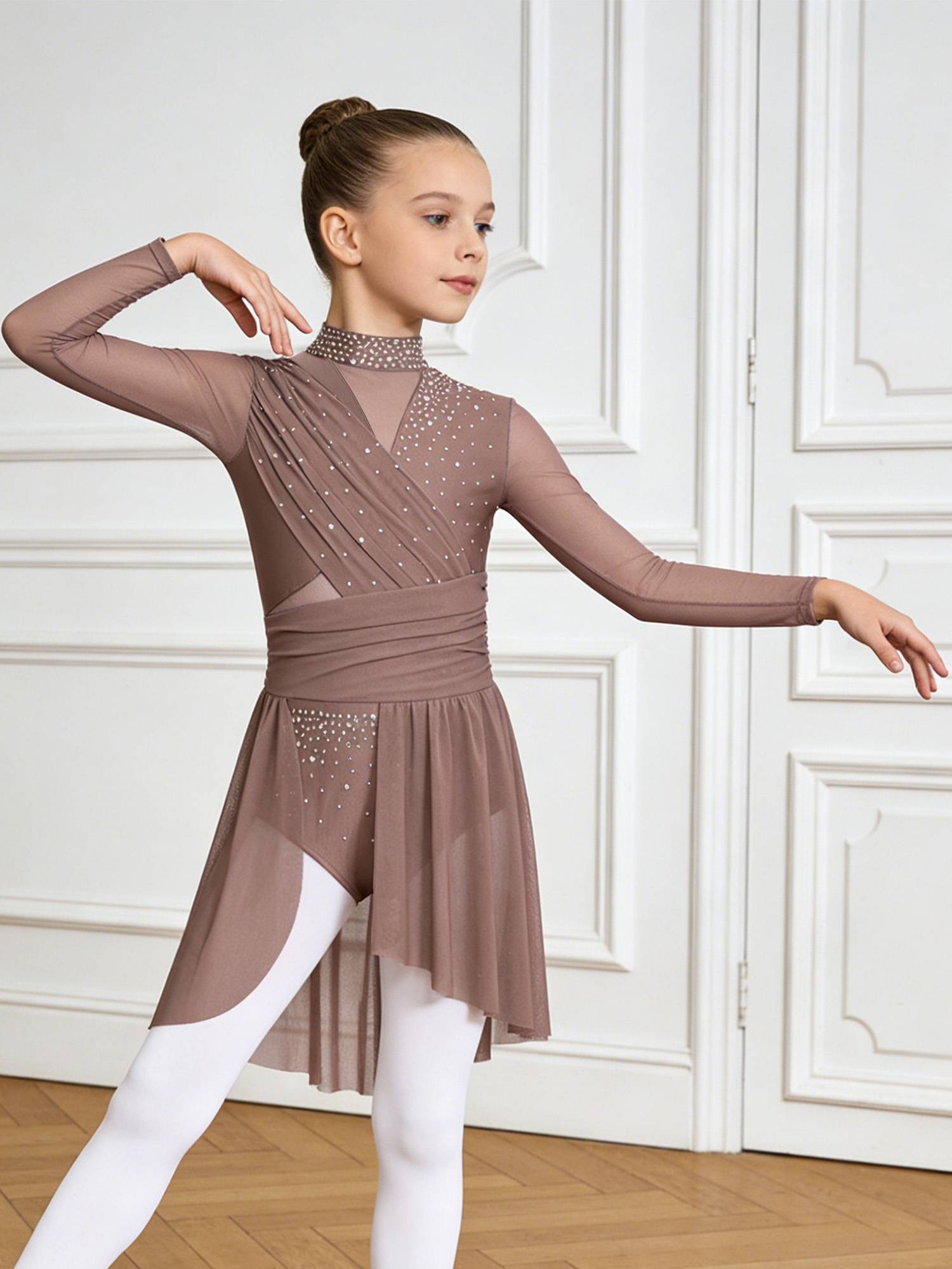 Kids Girls Long Sleeve Cutout Back Rhinestone Lyrical Dance Dress