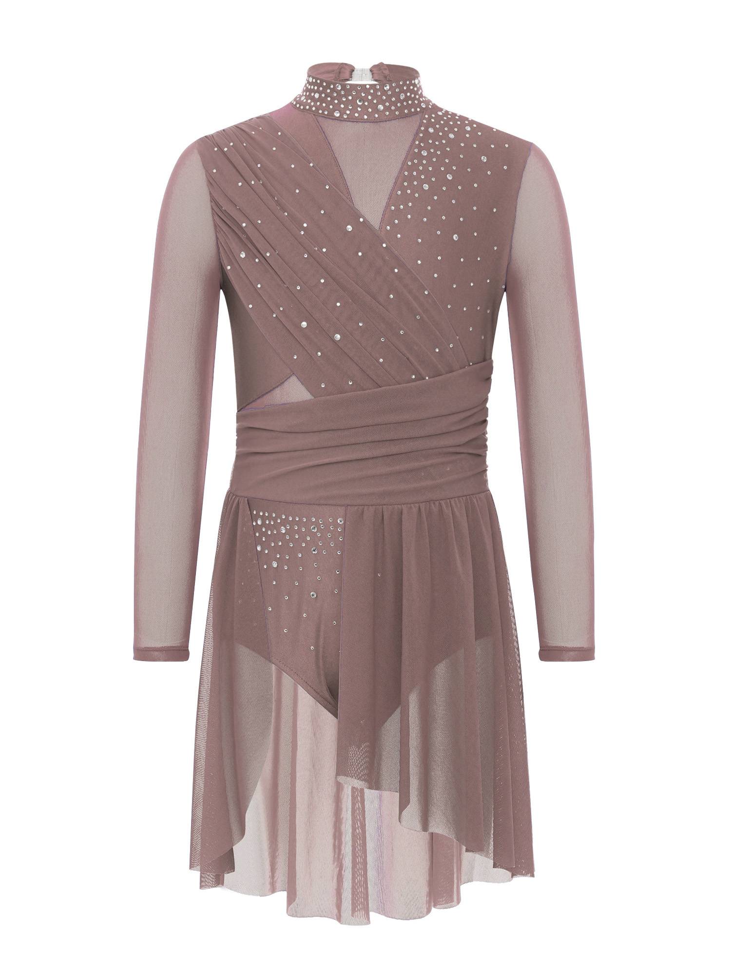 Kids Girls Long Sleeve Cutout Back Rhinestone Lyrical Dance Dress