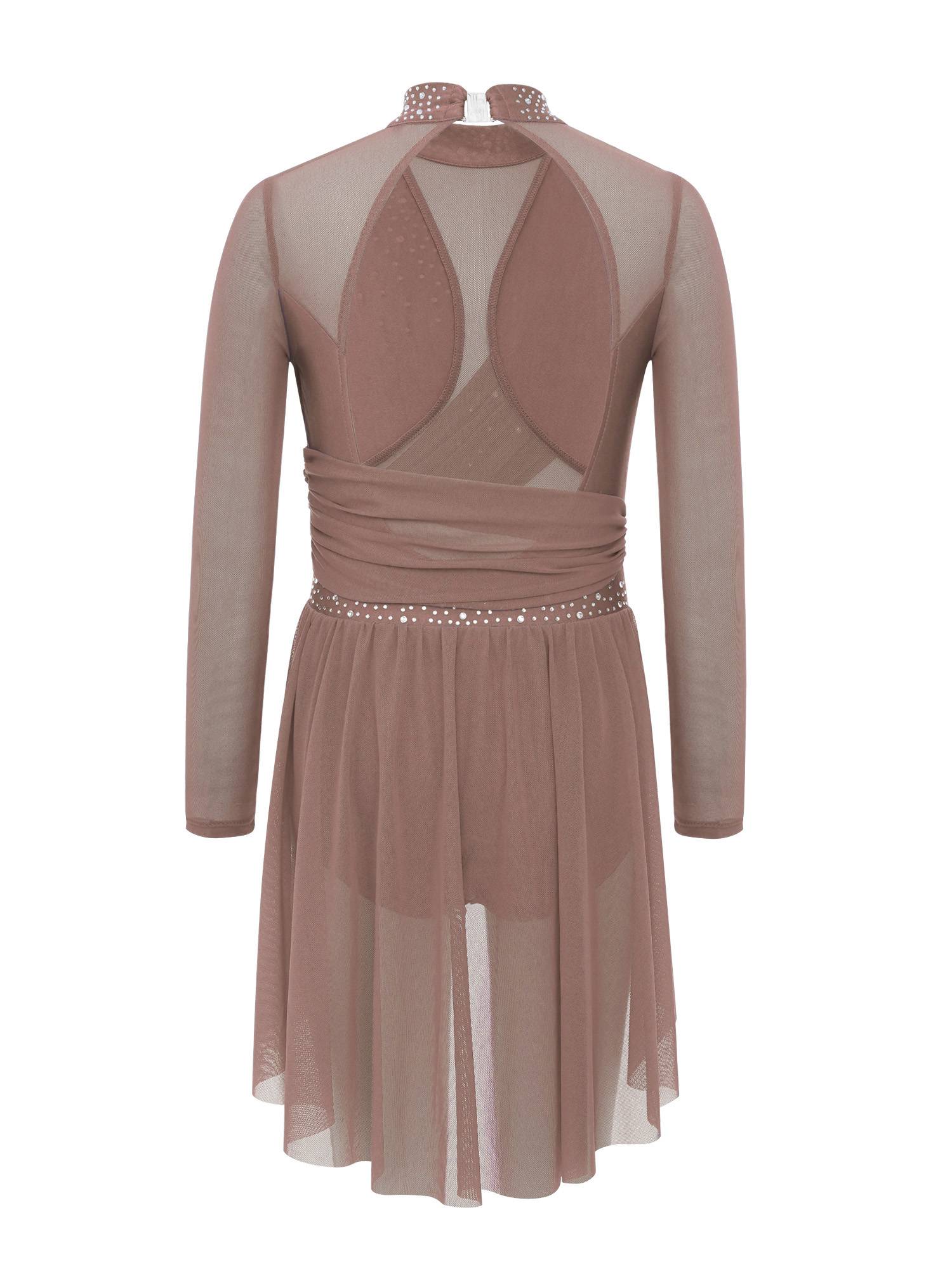 Kids Girls Long Sleeve Cutout Back Rhinestone Lyrical Dance Dress