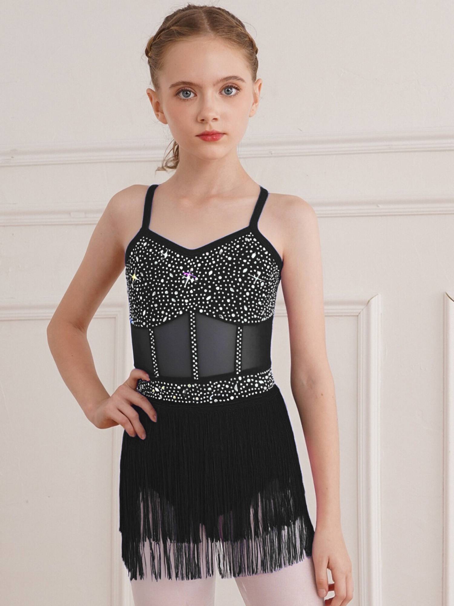 Kids Girls Rhinestone Sleeveless Fringed Latin Tango Dance Leotard Dress